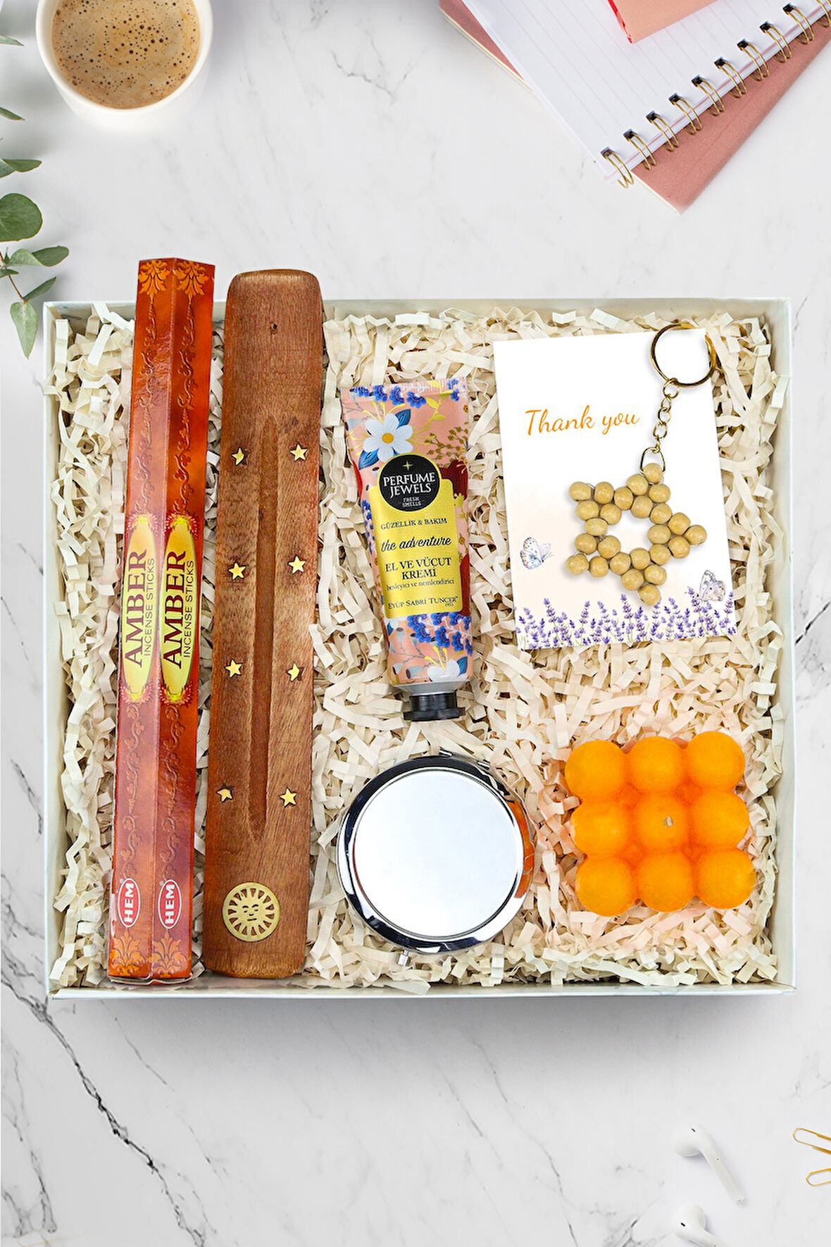 El Aynası & Turuncu Bubble Mum & Çubuk Tütsü & El Kremi & Bambu Yıldız Anahtarlık Hediye