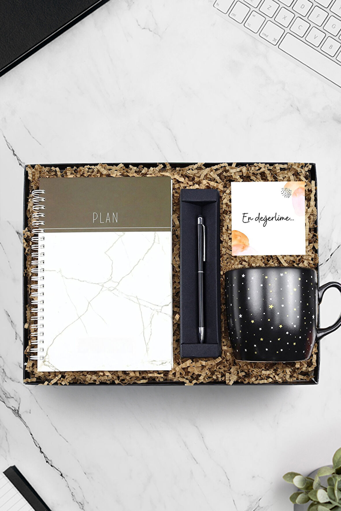 Beyaz Mermer Desenli Defter & Siyah Touch Pen & Yıldızlı Kupa Hediye Seti