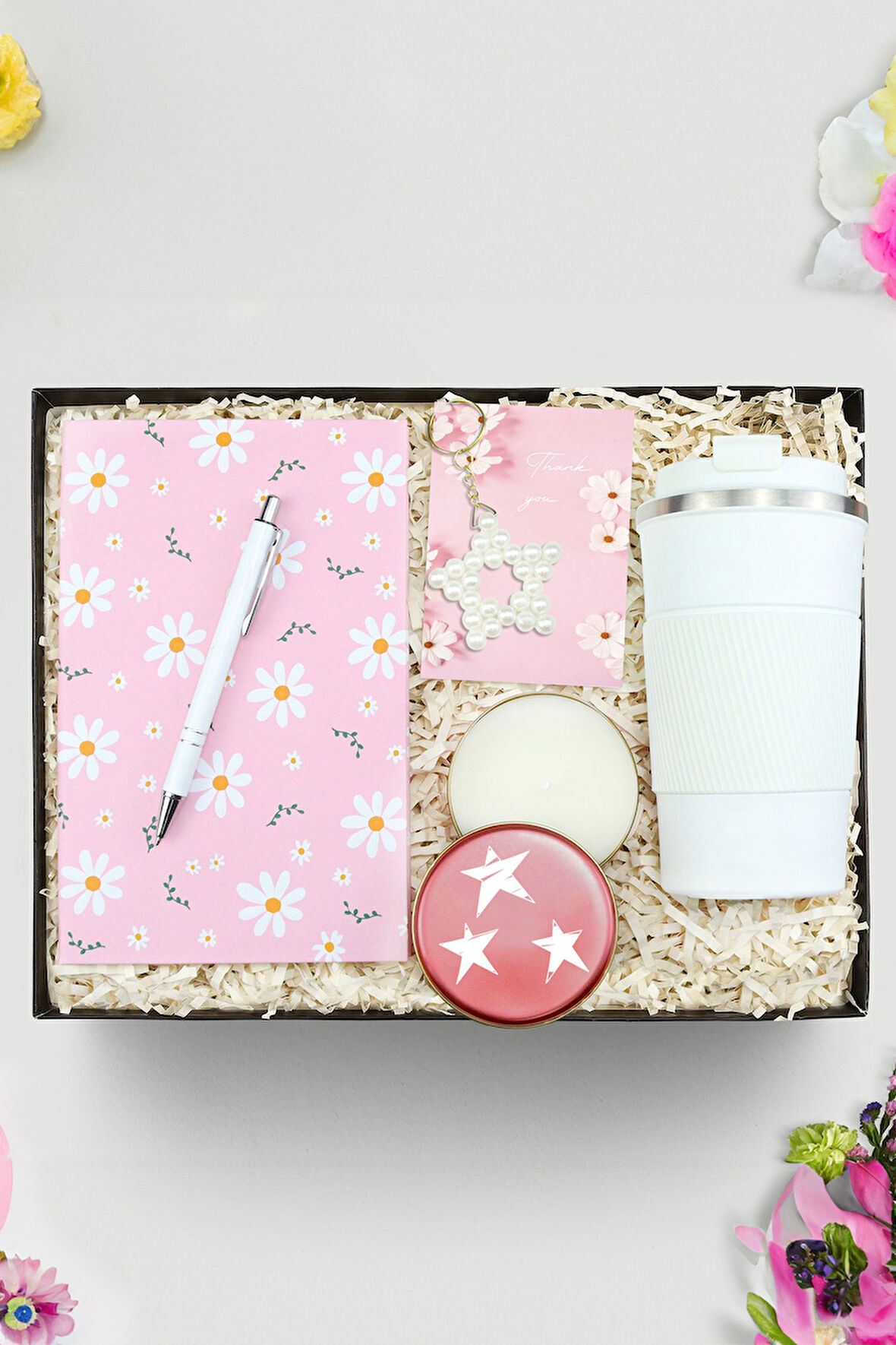 Papatya Baskılı Defter & Tükenmez Kalem & Kutulu Mum & Yıldız Anahtarlık & Çelik Termos Hediye Seti