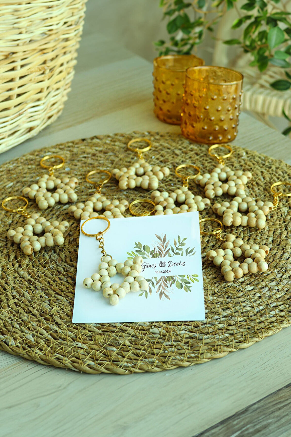 10'lu Bambu Yıldız Anahtarlık Söz, Nişan, Kına, Nikah Hediyesi