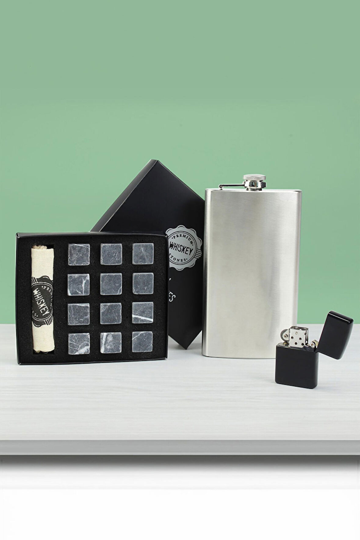 Çelik Cep Matarası & Zippo Tarzı Çakmak & Viski Taşı Soğutma Taşı Seti Hediye Seti