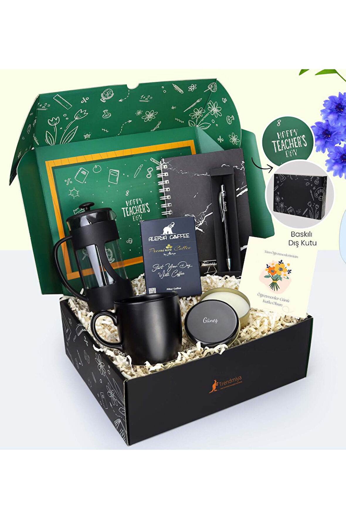 Öğretmenler Gününe Özel Defter & Tükenmez Kalem & Filtre Kahve & French Press & Kupa Hediye Seti