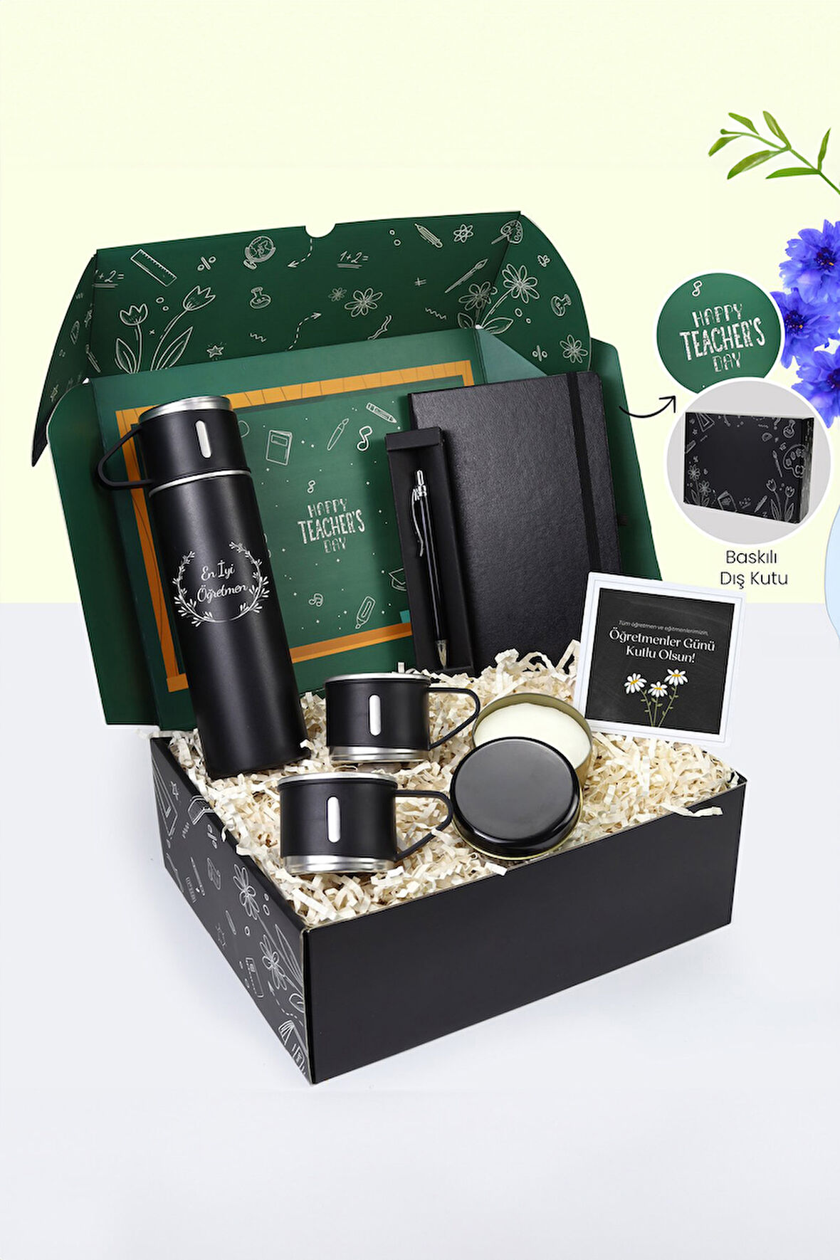 3 Bardaklı 580 ML Çelik Termos & Siyah Tükenmez Kalem & Defter & Kutulu Mum Hediye Seti