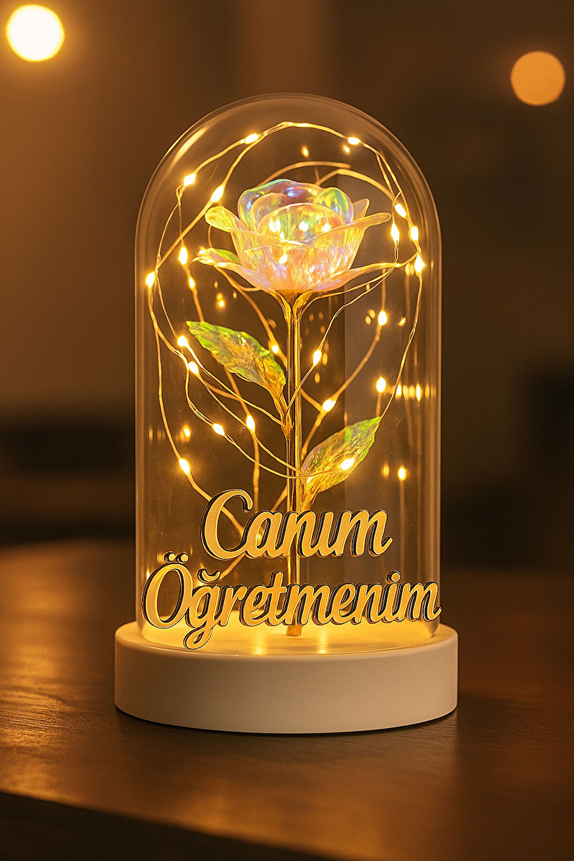 Canım Öğretmenim Yazılı Led Işıklı Solmayan Güllü Gece Lambası fanus Dekor Süs