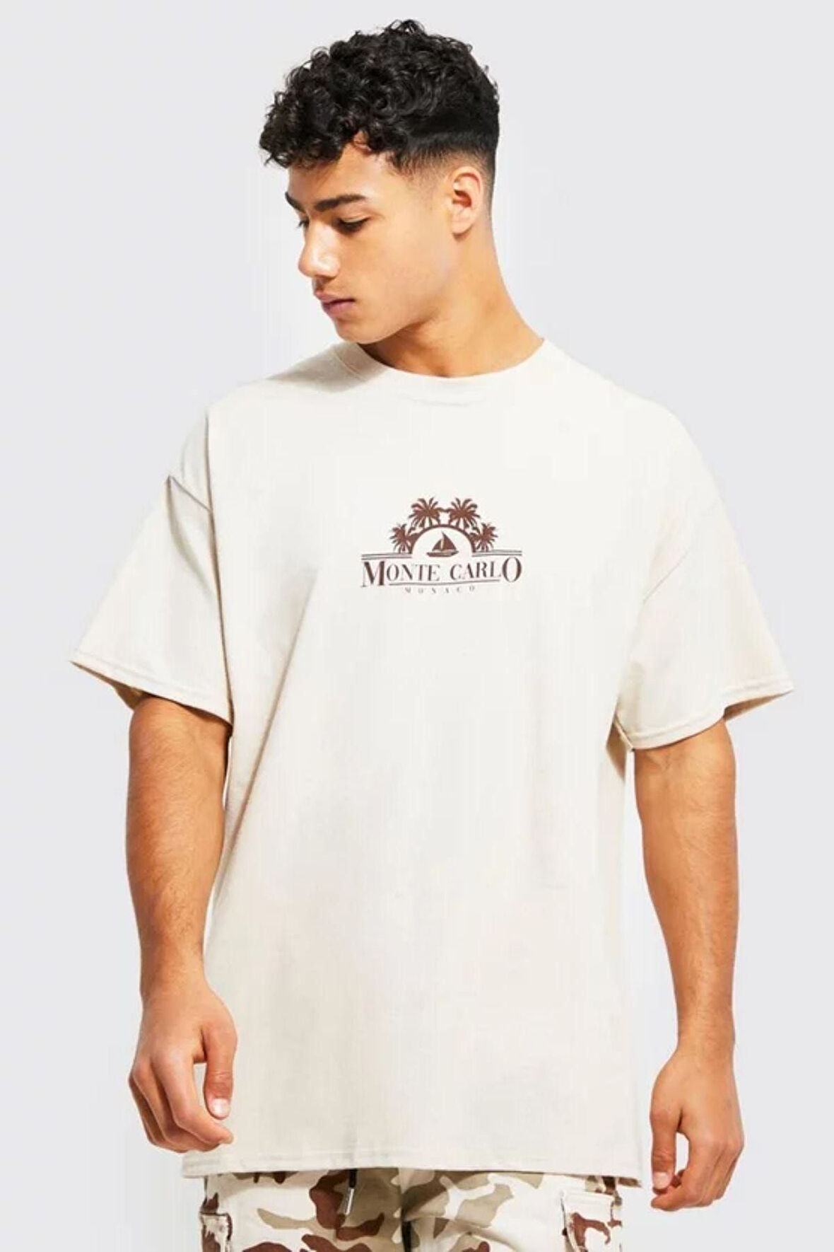 Erkek Bej Monte Carlo Baskılı Oversize Tshirt