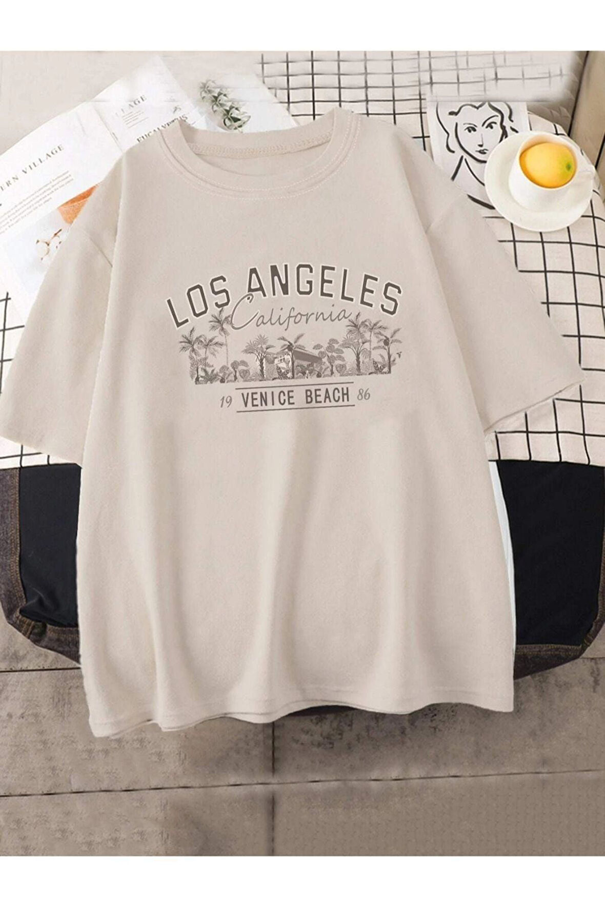 Unisex Bej Los Angeles Baskılı Oversize T-shirt