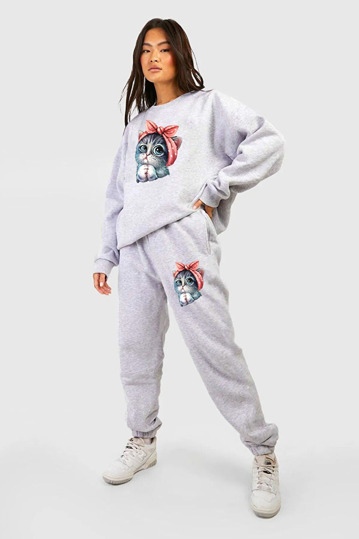 Lunavısta Unisex Sevimli Minik Kedi Baskılı Bisiklet Yaka Alt-üst Takım