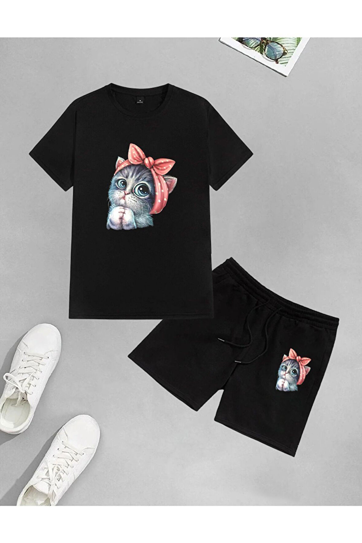 LUNAVISTA Unisex Sevimli Minik Kedi Baskılı Şort-T-shirt takımı