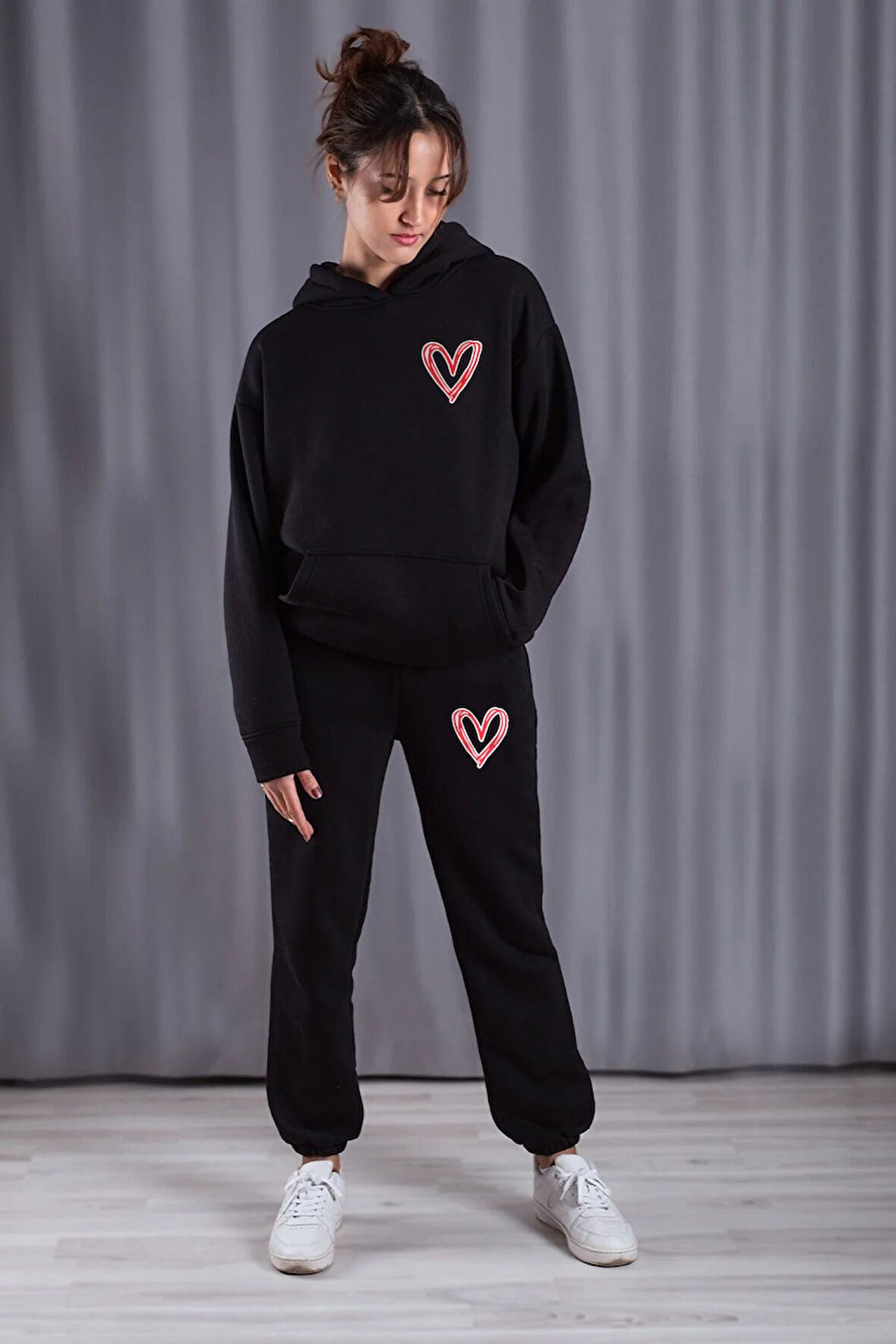 LUNAVISTA Unisex Kırmızı Kalp Baskılı Kapüşonlu Alt-üst Takım