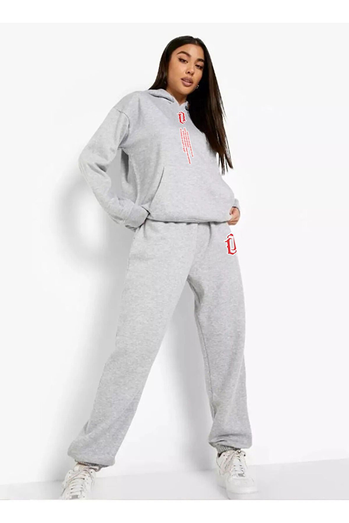 LUNAVISTA Unisex Kırmızı Dikey Baskılı Kapüşonlu Alt-üst Takım