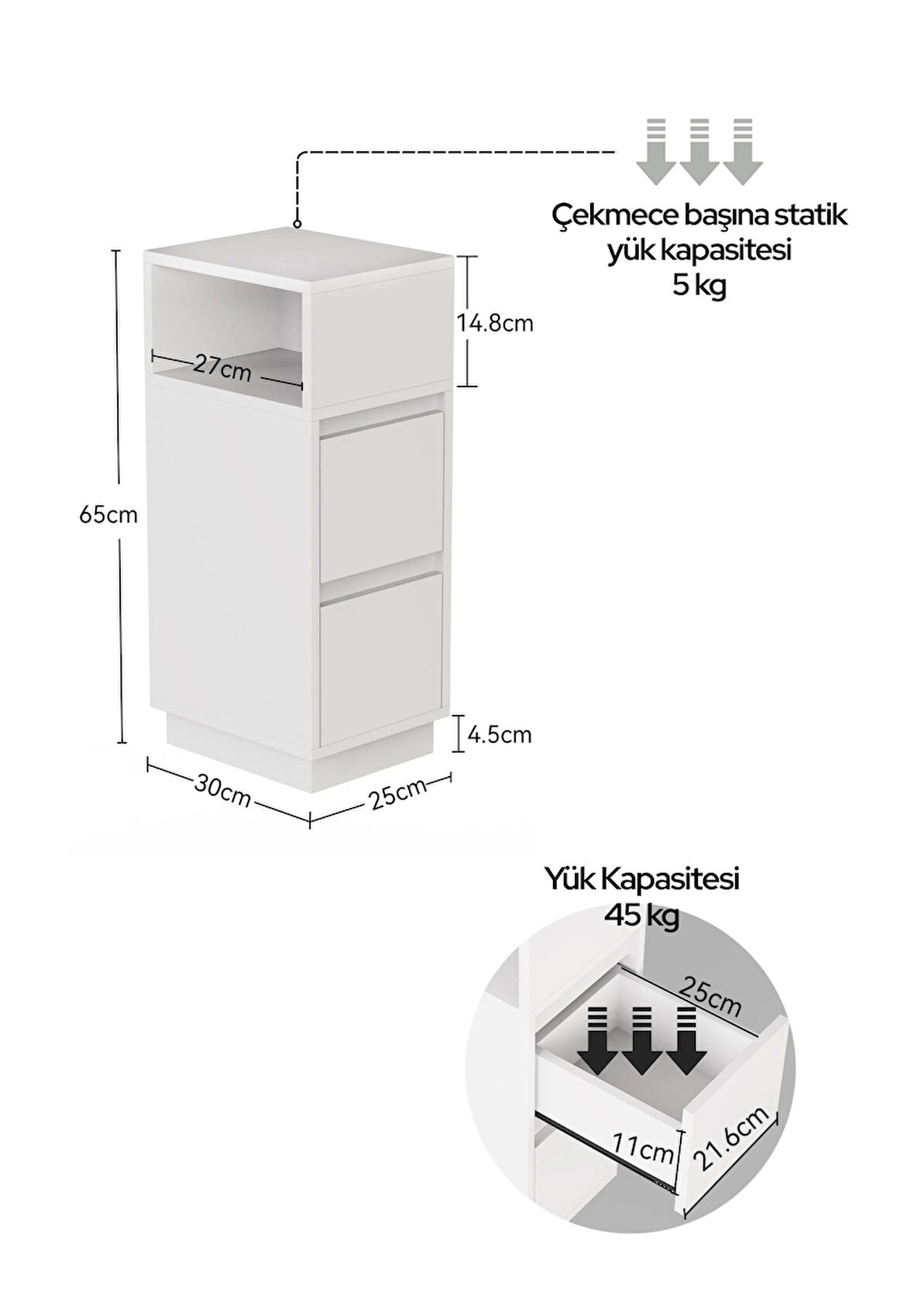 Alve Dar Komodin – 2 Çekmeceli, Değiştirilebilir Açık Bölmeli Yan Sehpa Yatak Odası & Oturma Odası Minimal Tasarım