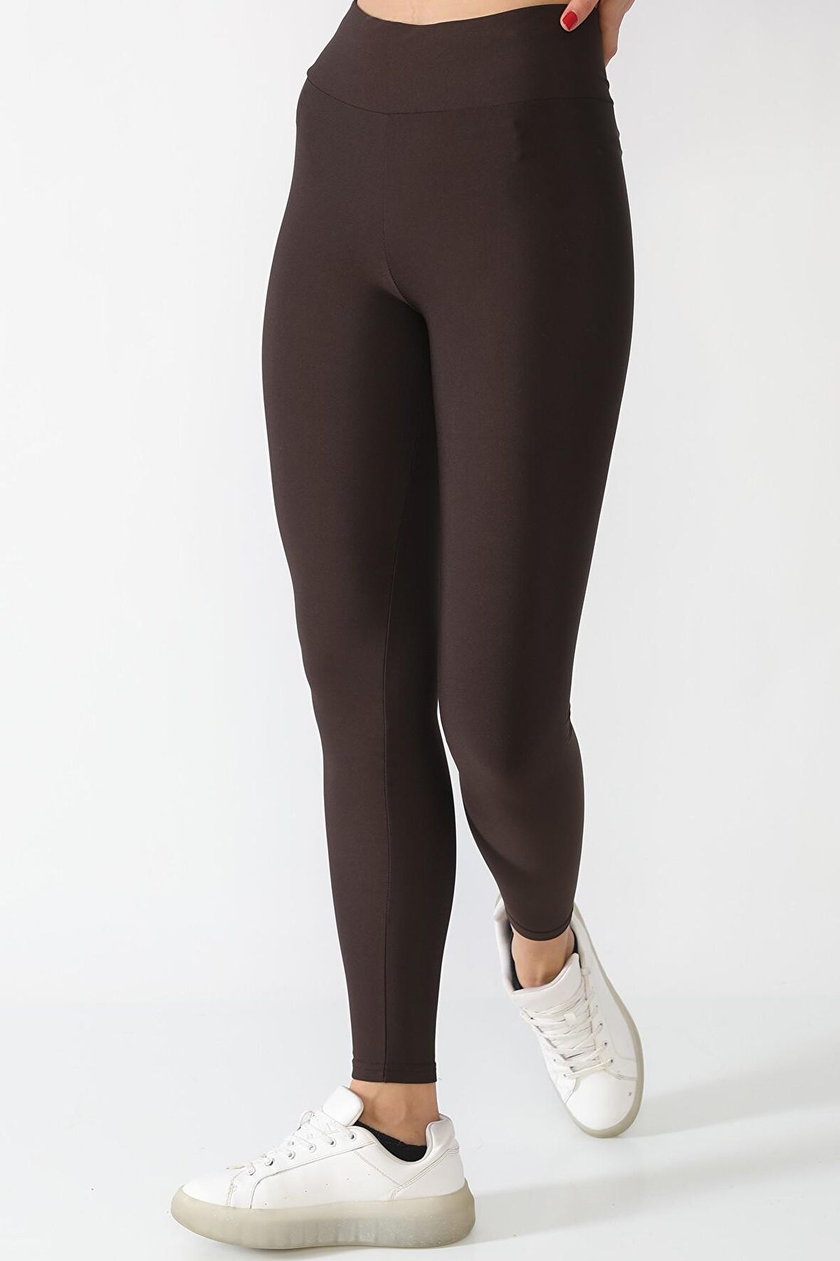 Şardonlu Dalgıç Kumaş Yüksek Bel Kadın Tayt Kahverengi Koyu-L