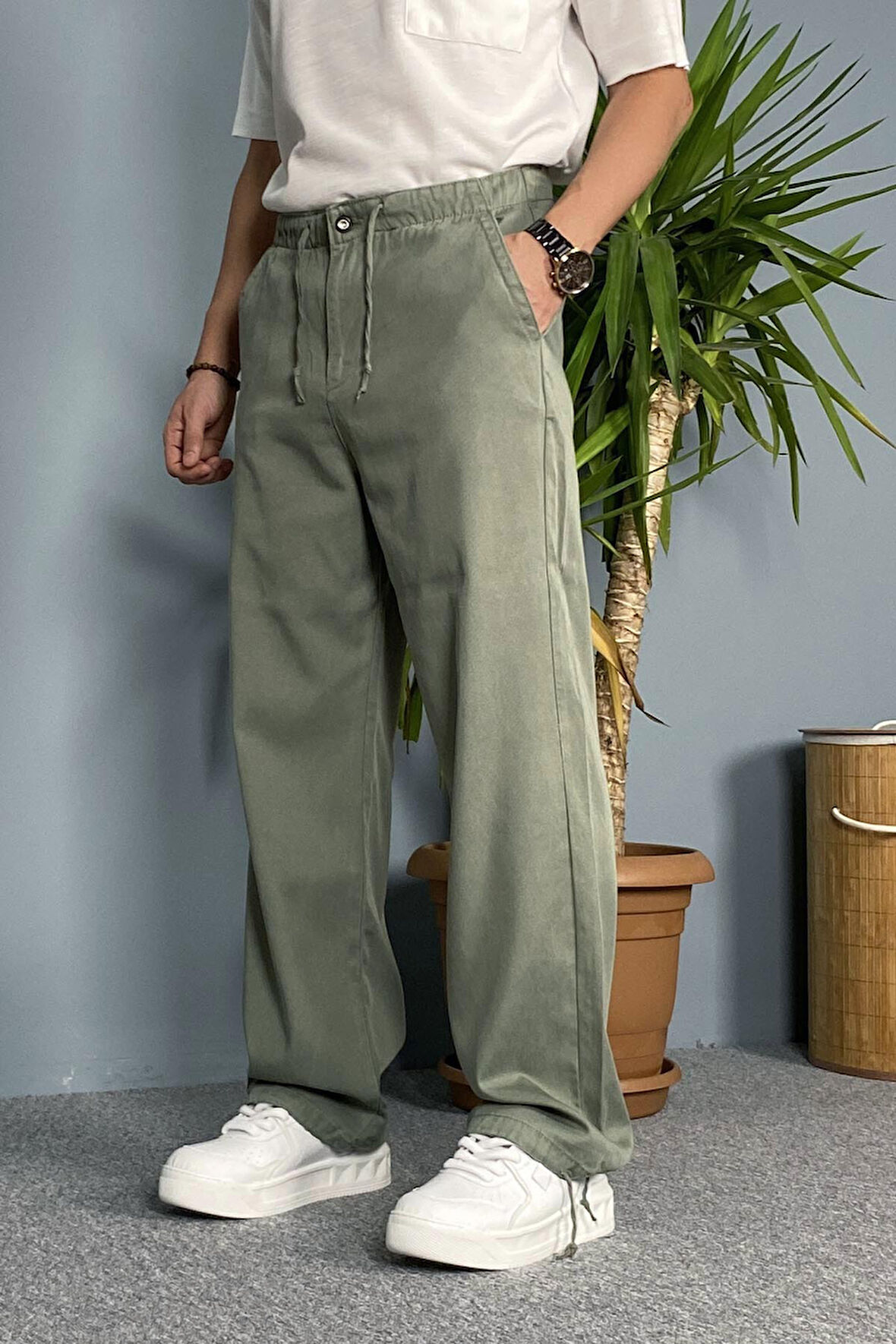 Beli ve Paçası Bağcıklı Baggy Pantolon