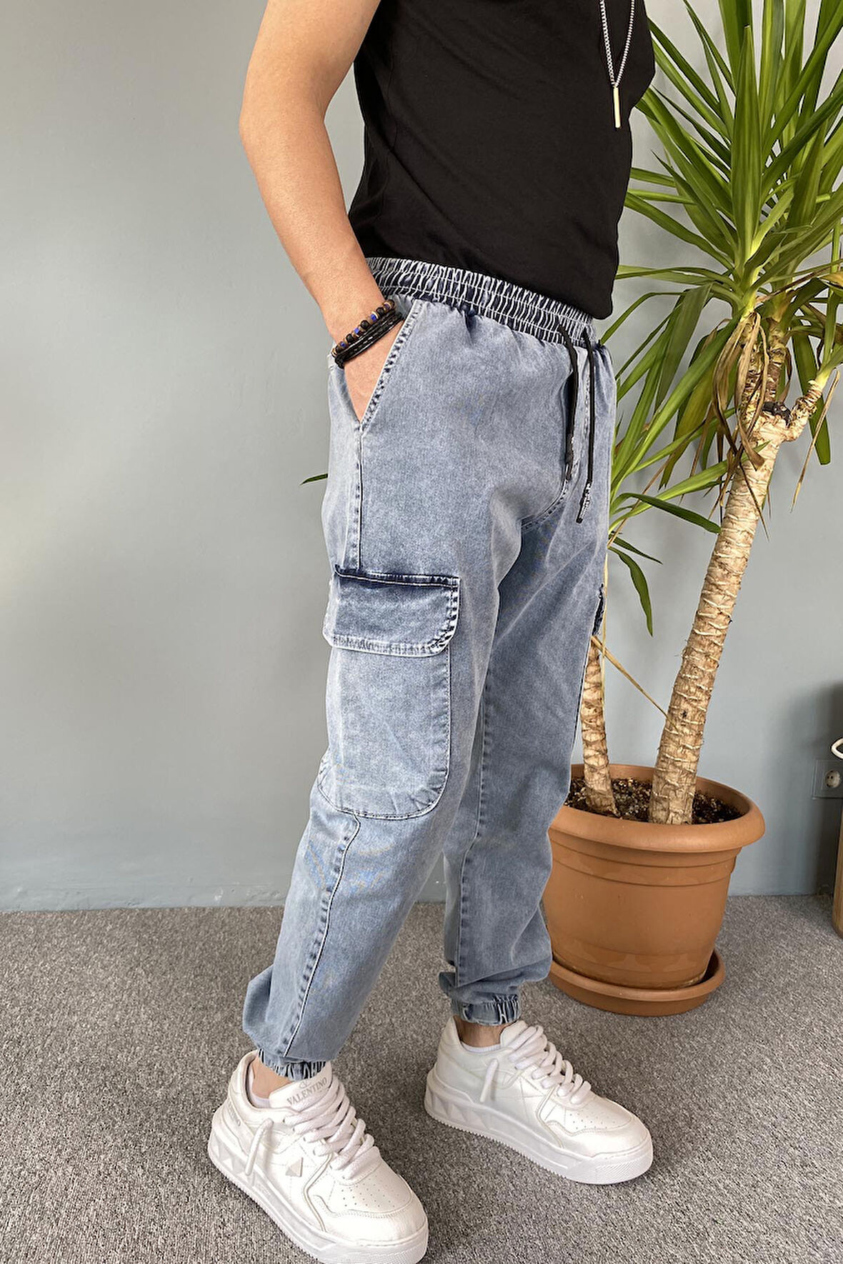 Paçası Lastikli Boyfriend Jogger Kargo Kot Pantolon