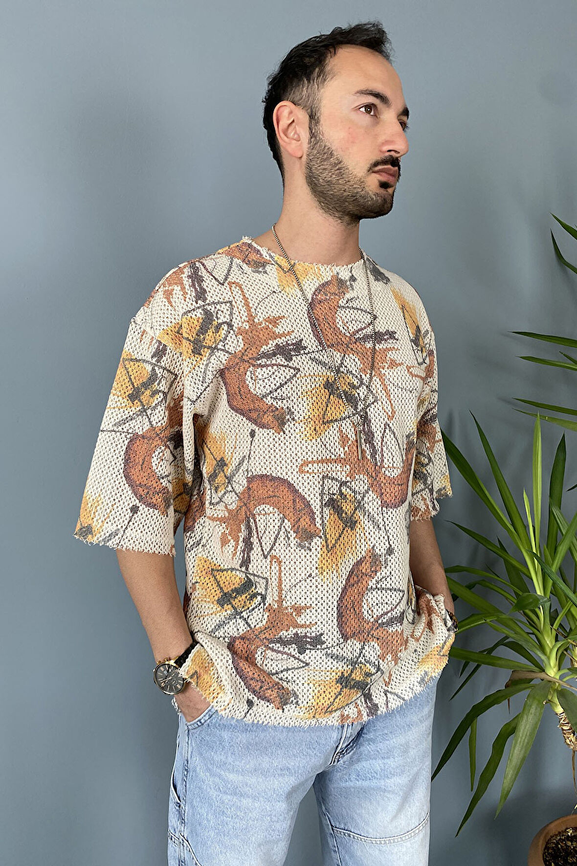 Oversize Tişört Bisiklet Yaka Jakarlı Tişört