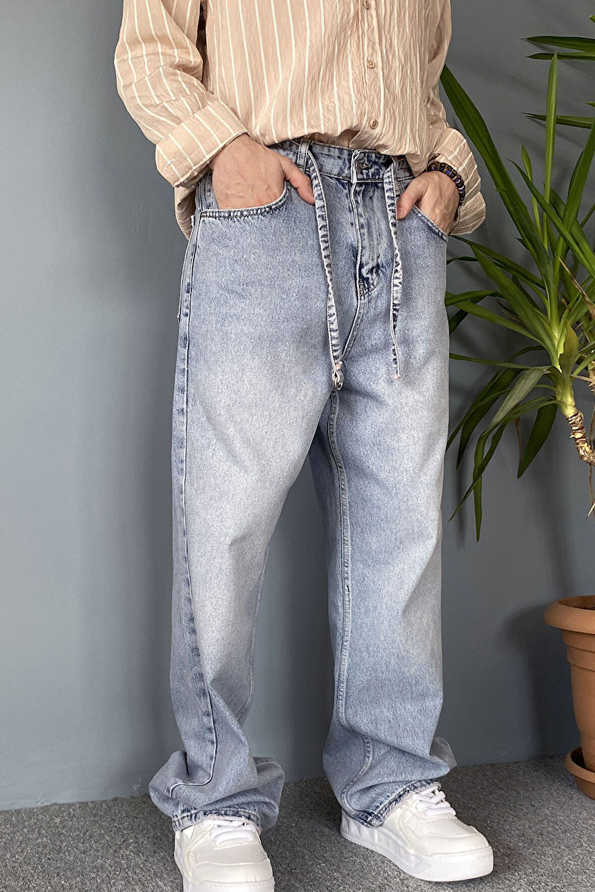 İp Kemerli Rahat Kesim Baggy Kot Pantolon