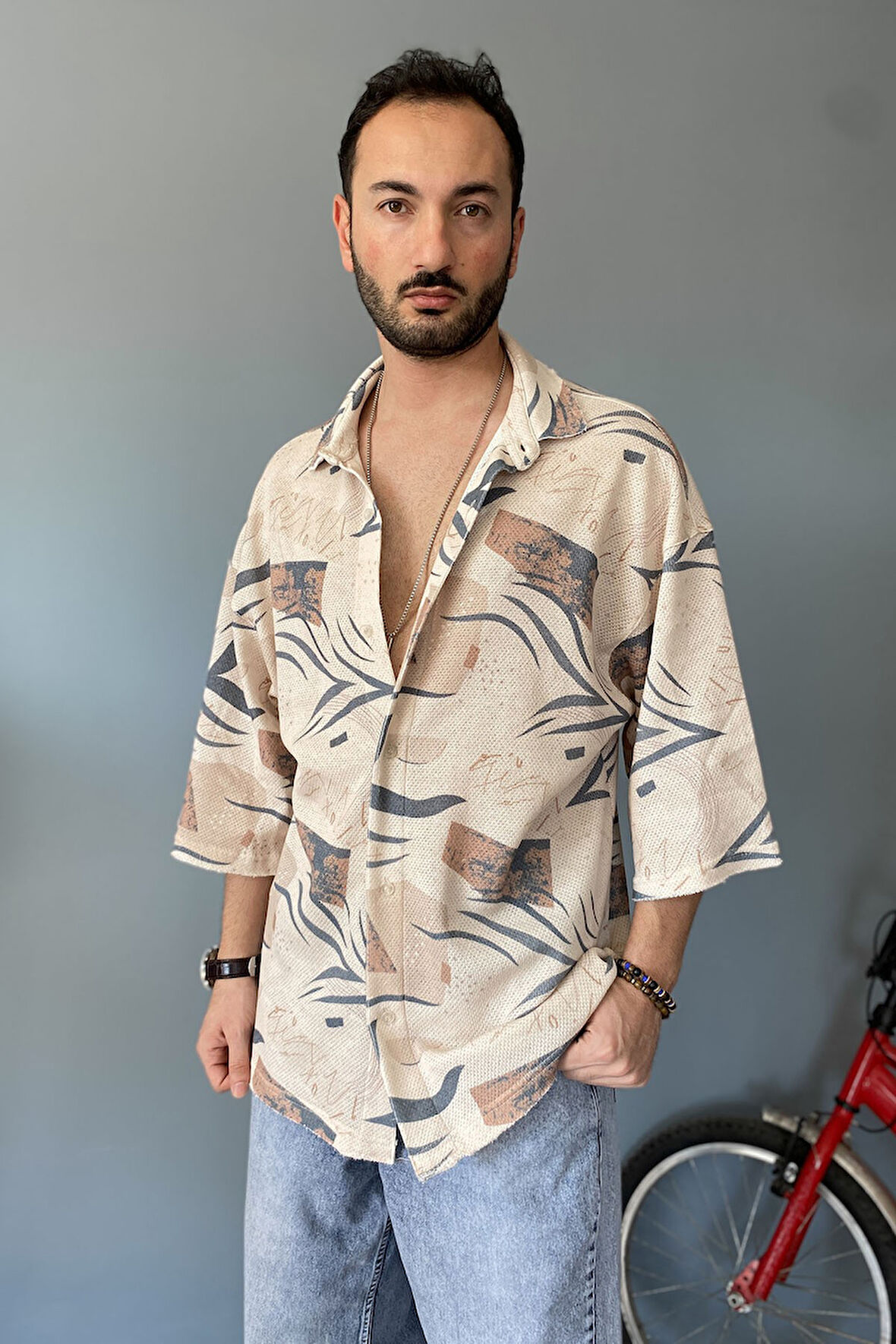 Oversize Fakir Kol Jakarlı Gömlek