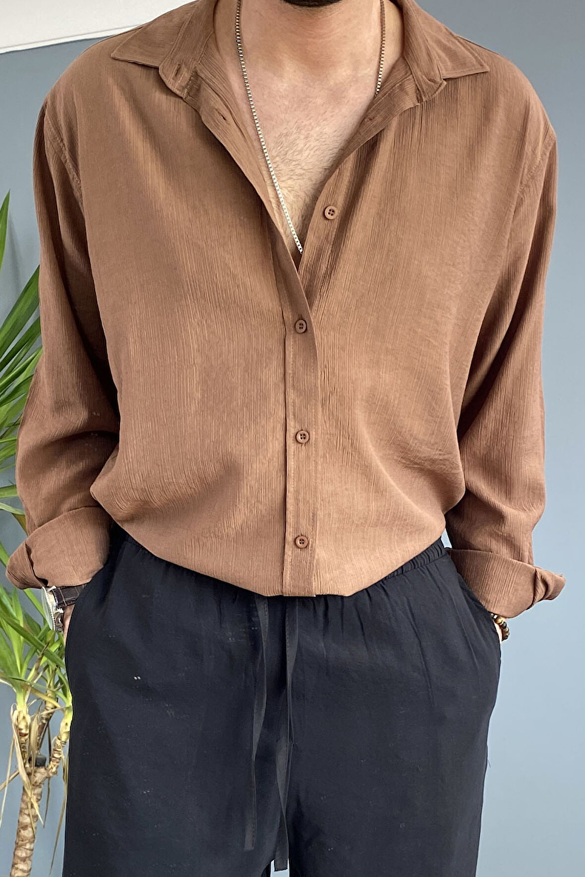 %100 Pamuk Dokulu Keten Oversize Uzun Kol Gömlek