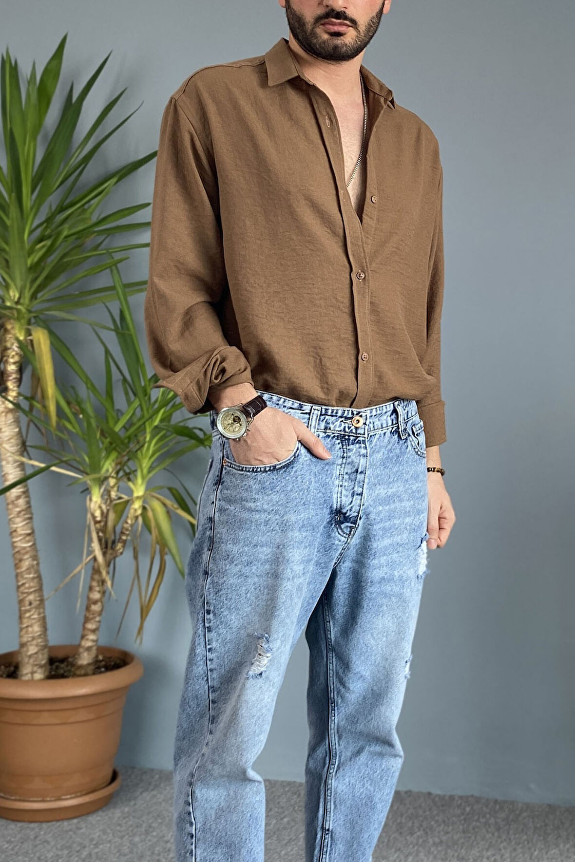 %100 Pamuk Oversize Uzun Kollu Keten Gömlek