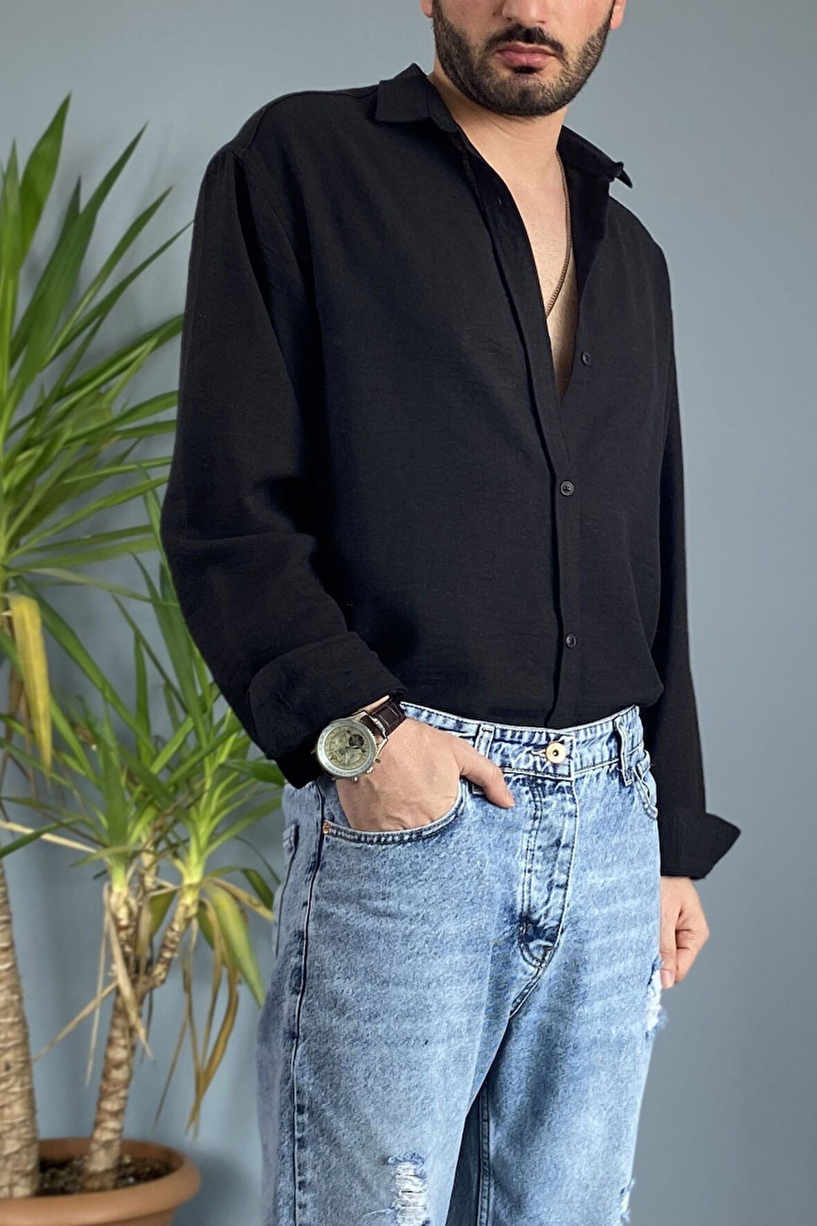 %100 Pamuk Oversize Uzun Kollu Keten Gömlek