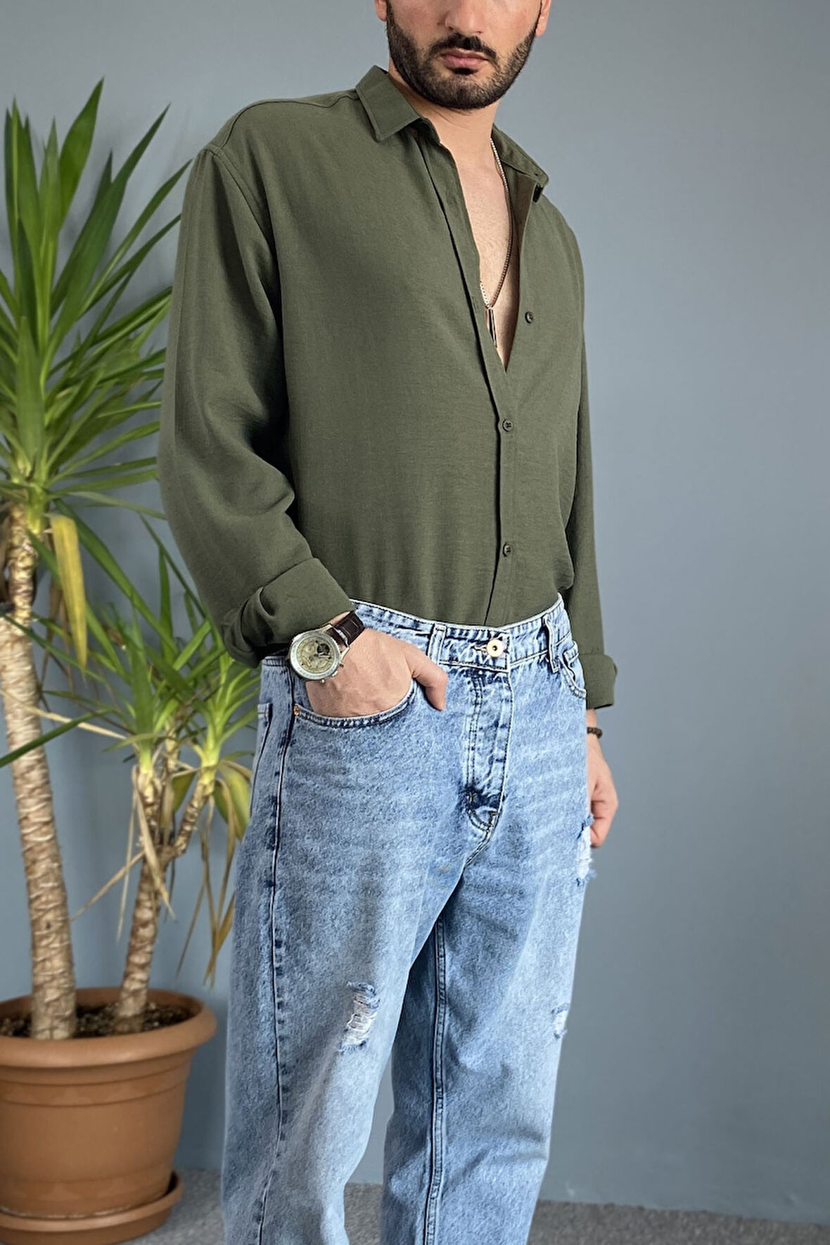 %100 Pamuk Oversize Uzun Kollu Keten Gömlek