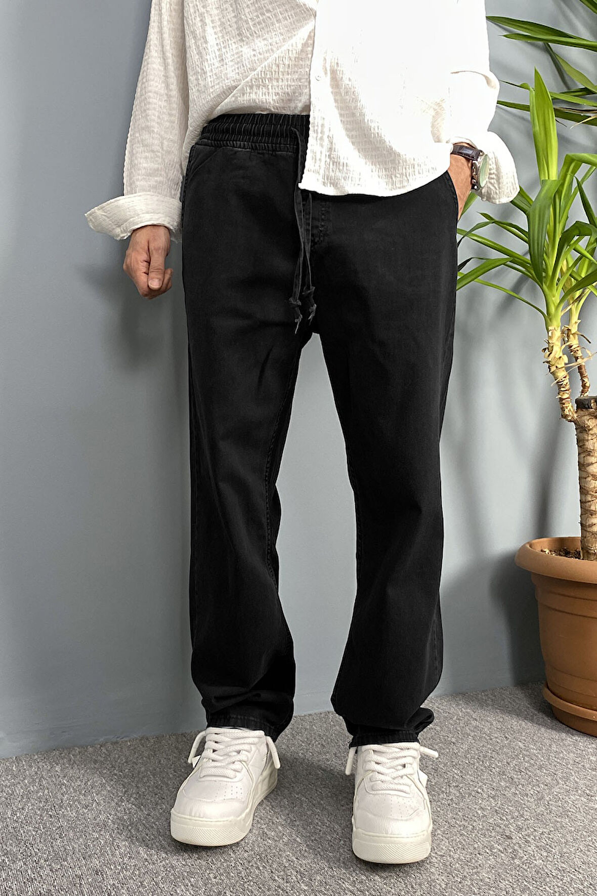 Beli Bağcıklı ve Lastikli Mesimlik Kot Pantolon