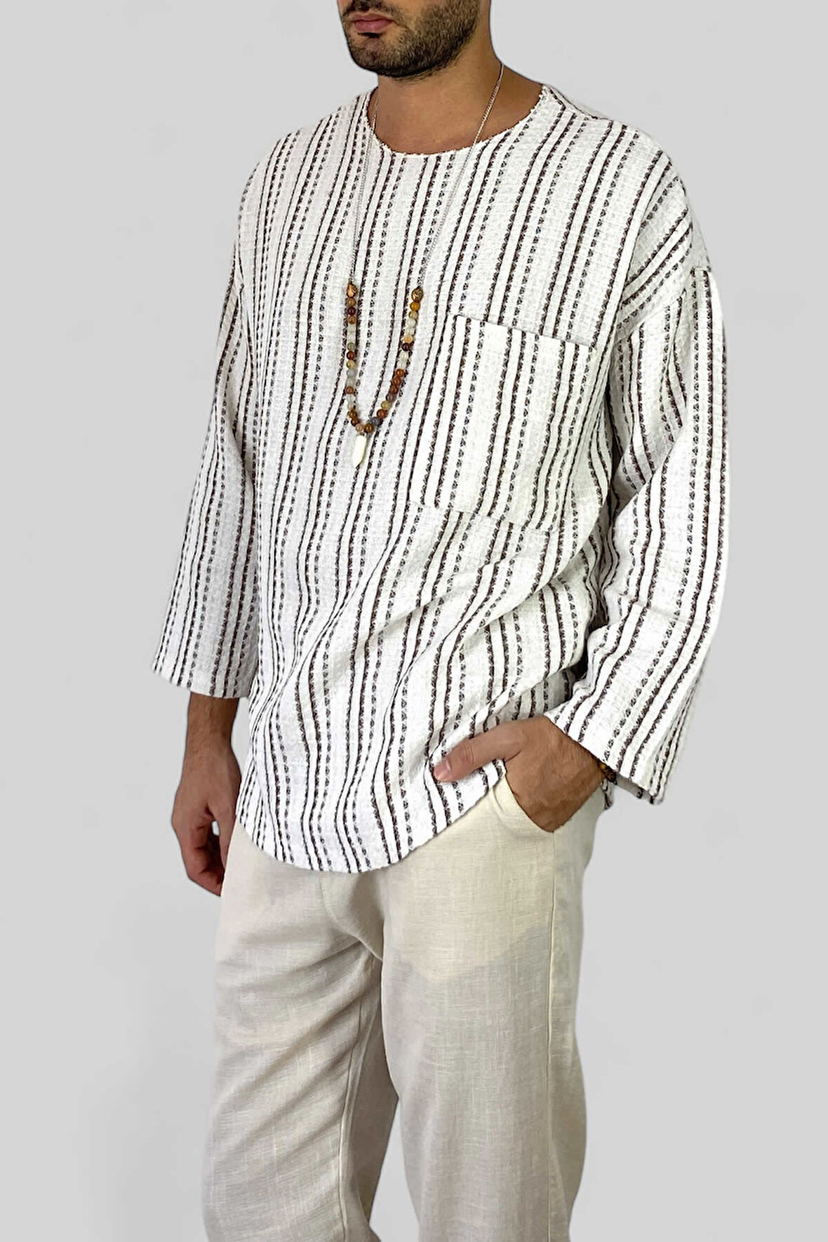 Erkek Keten Tişört Uzunkol Geniş Yaka Oversize