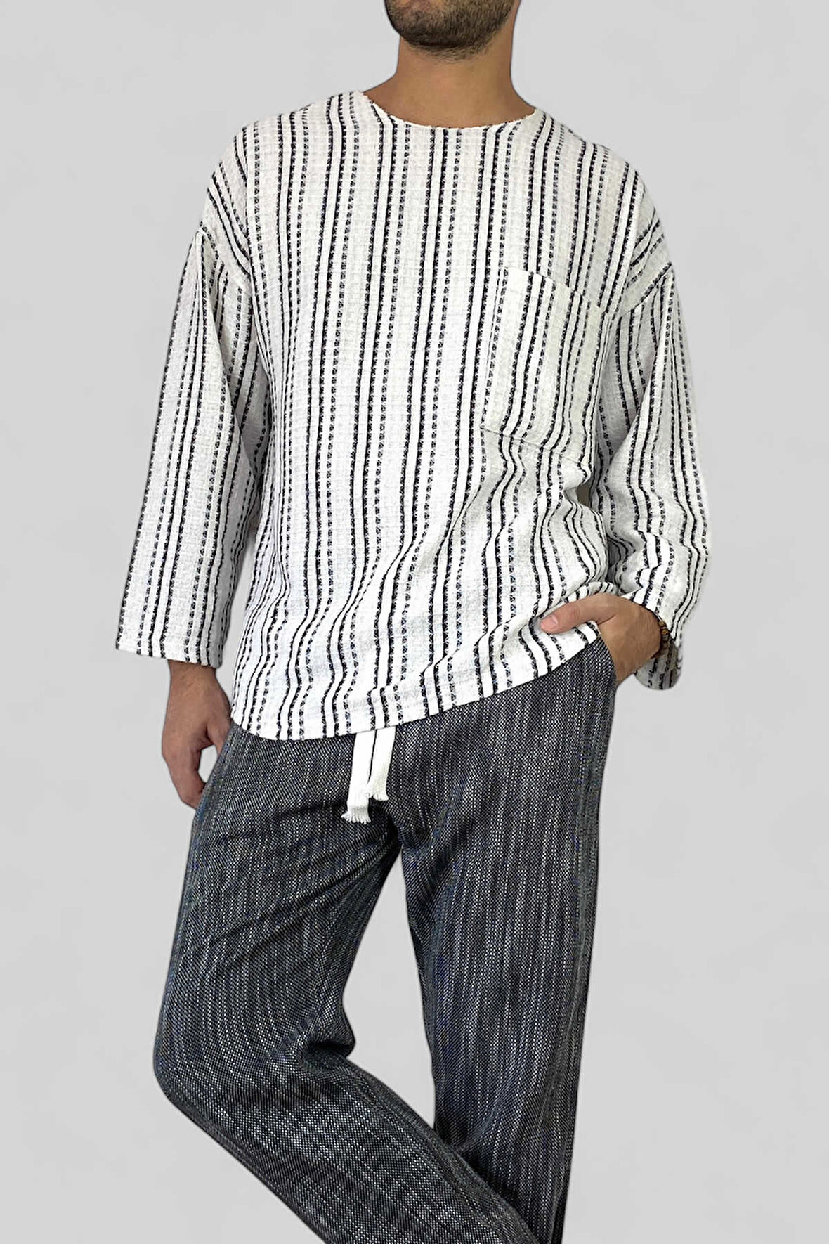 Erkek Keten Tişört Uzunkol Geniş Yaka Oversize