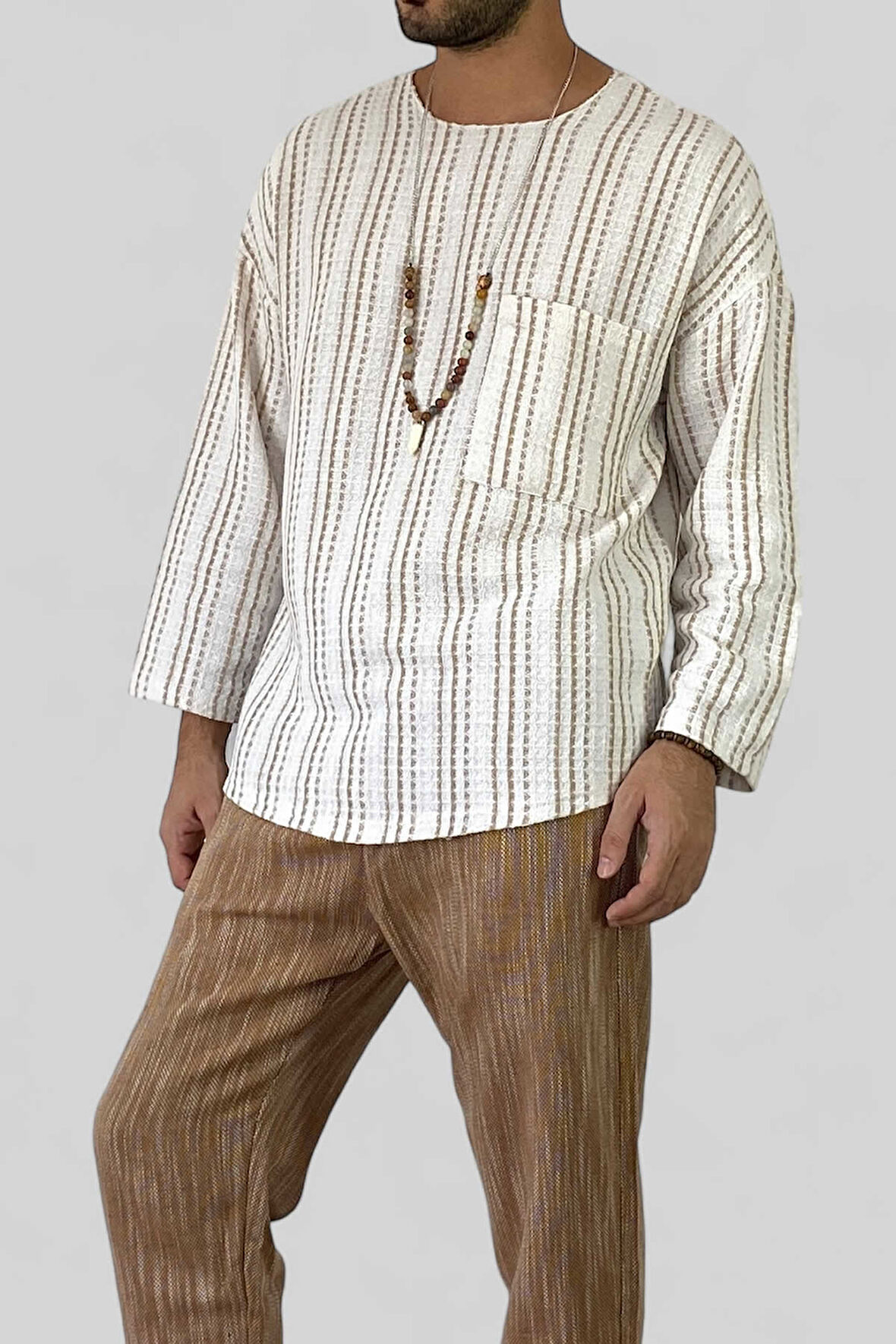 Erkek Keten Tişört Uzunkol Geniş Yaka Oversize