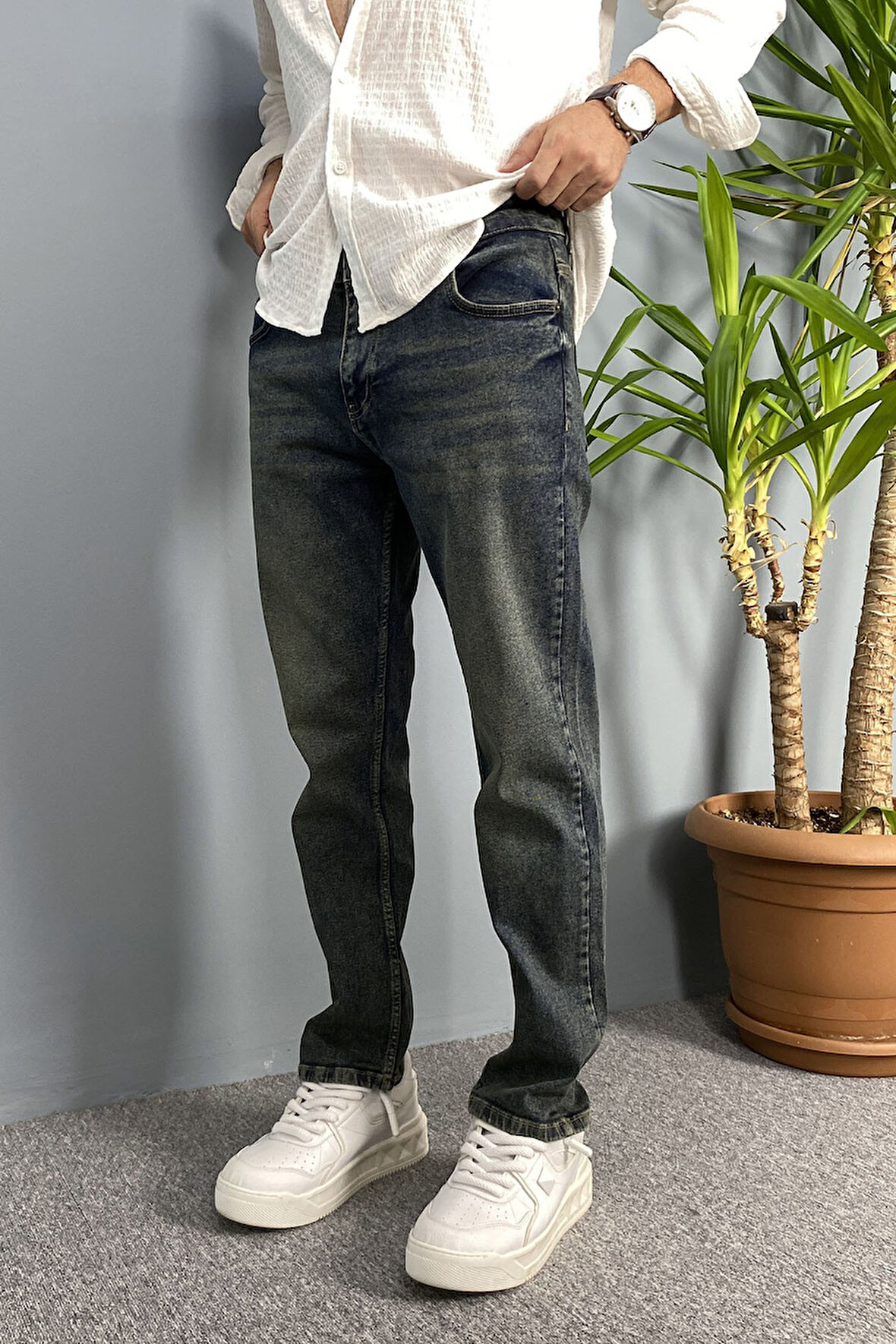 Siyah Eskitme Dar Paça Kot Pantolon