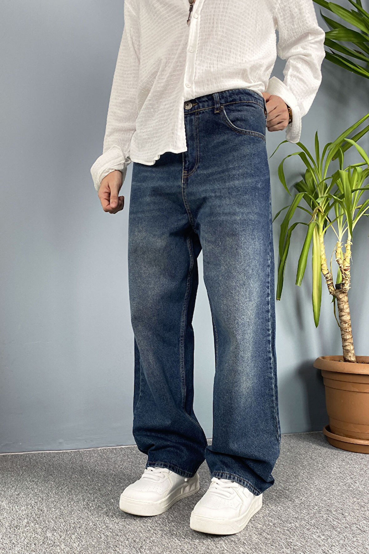 Taşlanmış Baggy Kalıp Jean - Kot Pantolon Siyah-Lacivert