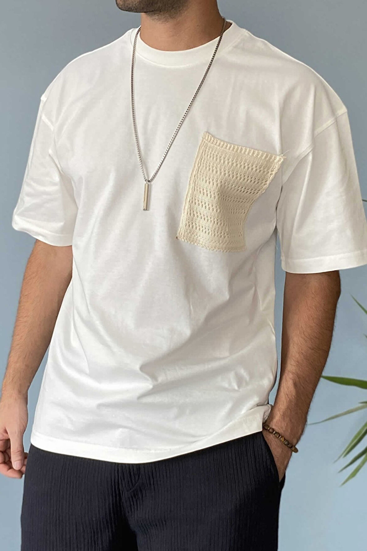 Cebi Örgü İşlemeli %100 Pamuk Oversize Tişört