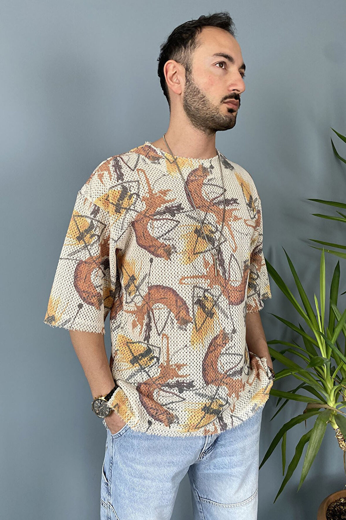 Oversize Bisiklet Yaka Jakarlı  Tişört