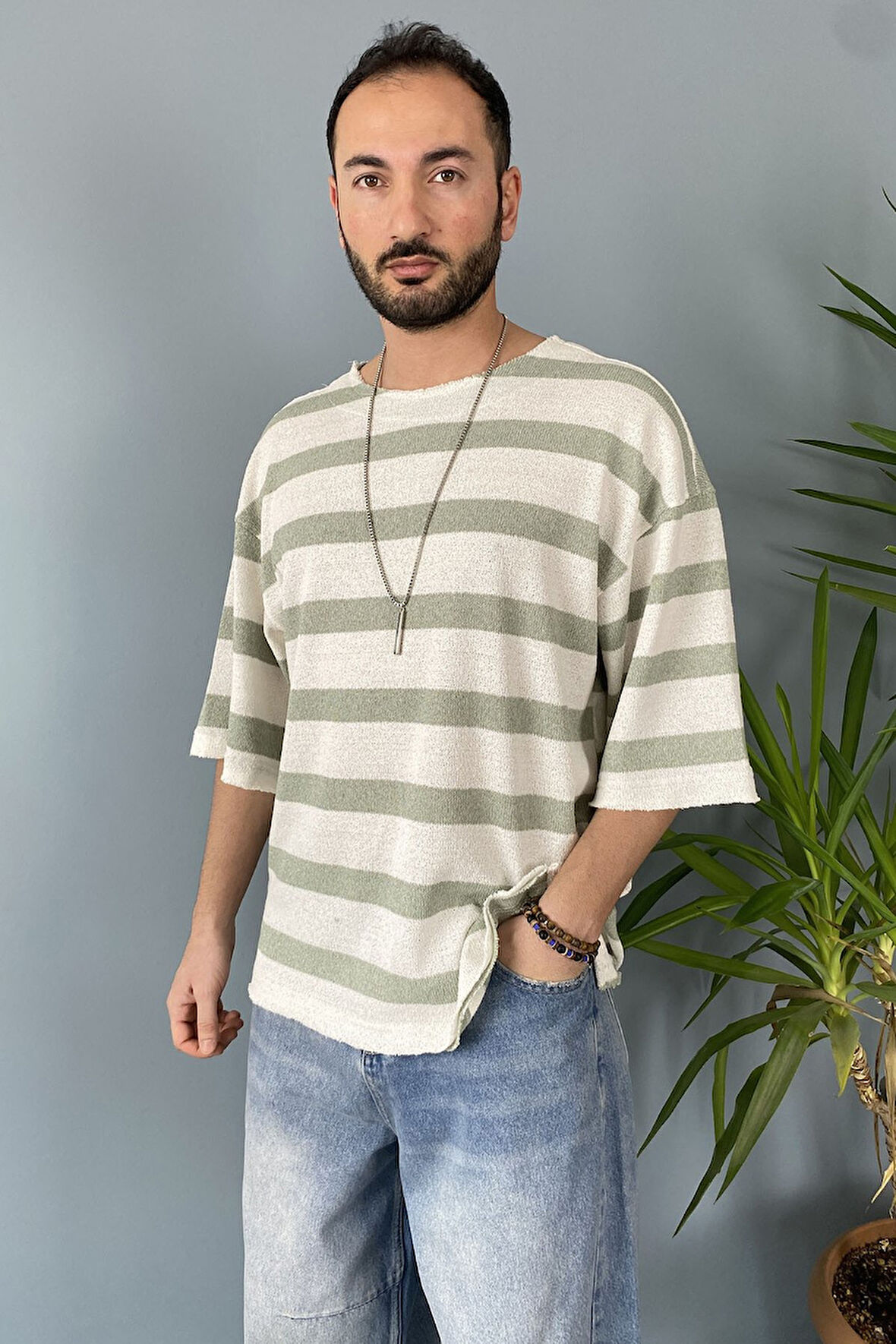 Oversize Bisiklet Yaka Örgü Mint Yeşili Salaş Tişört