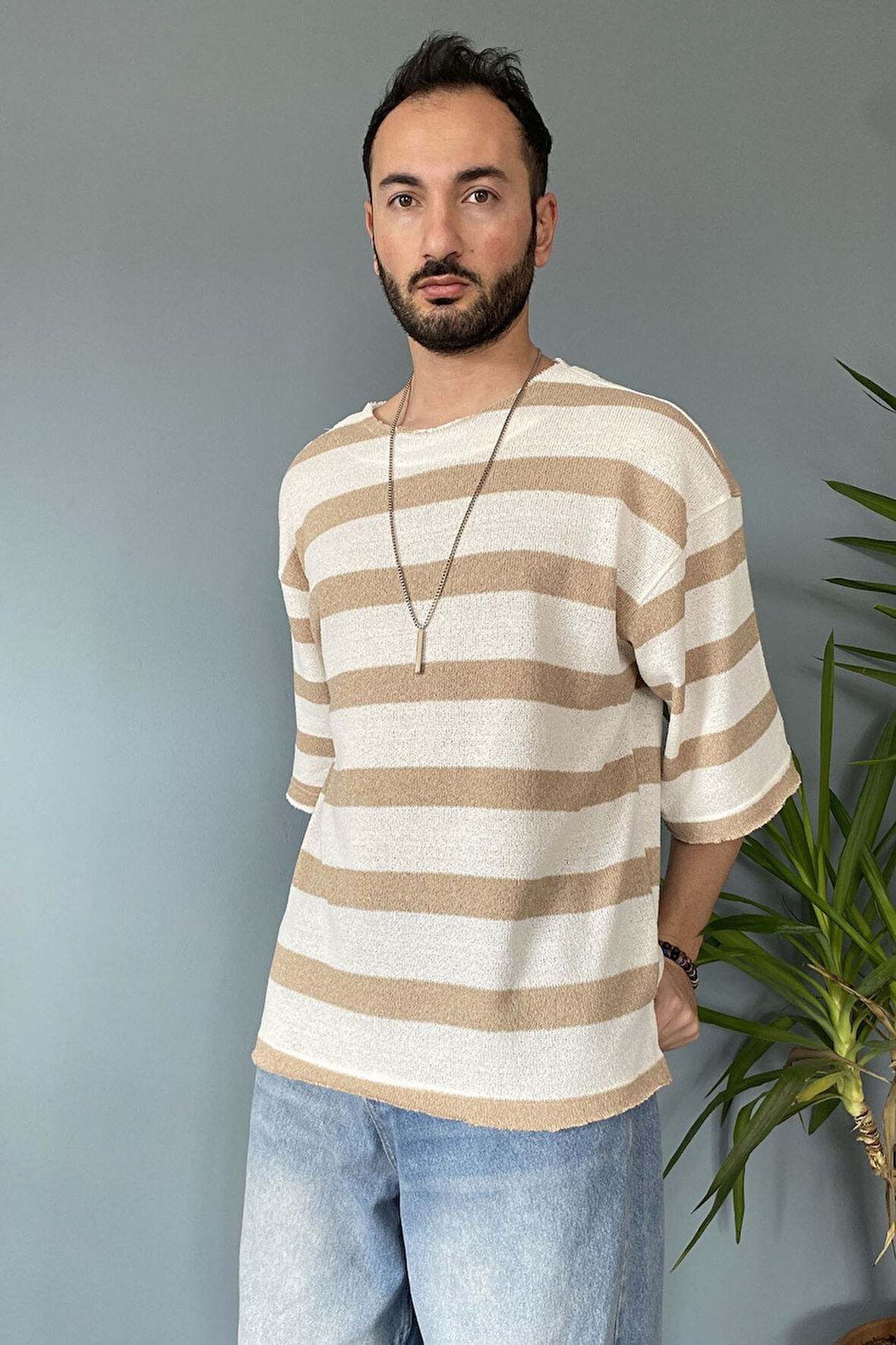 Oversize Bisiklet Yaka Örgü  Salaş Tişört