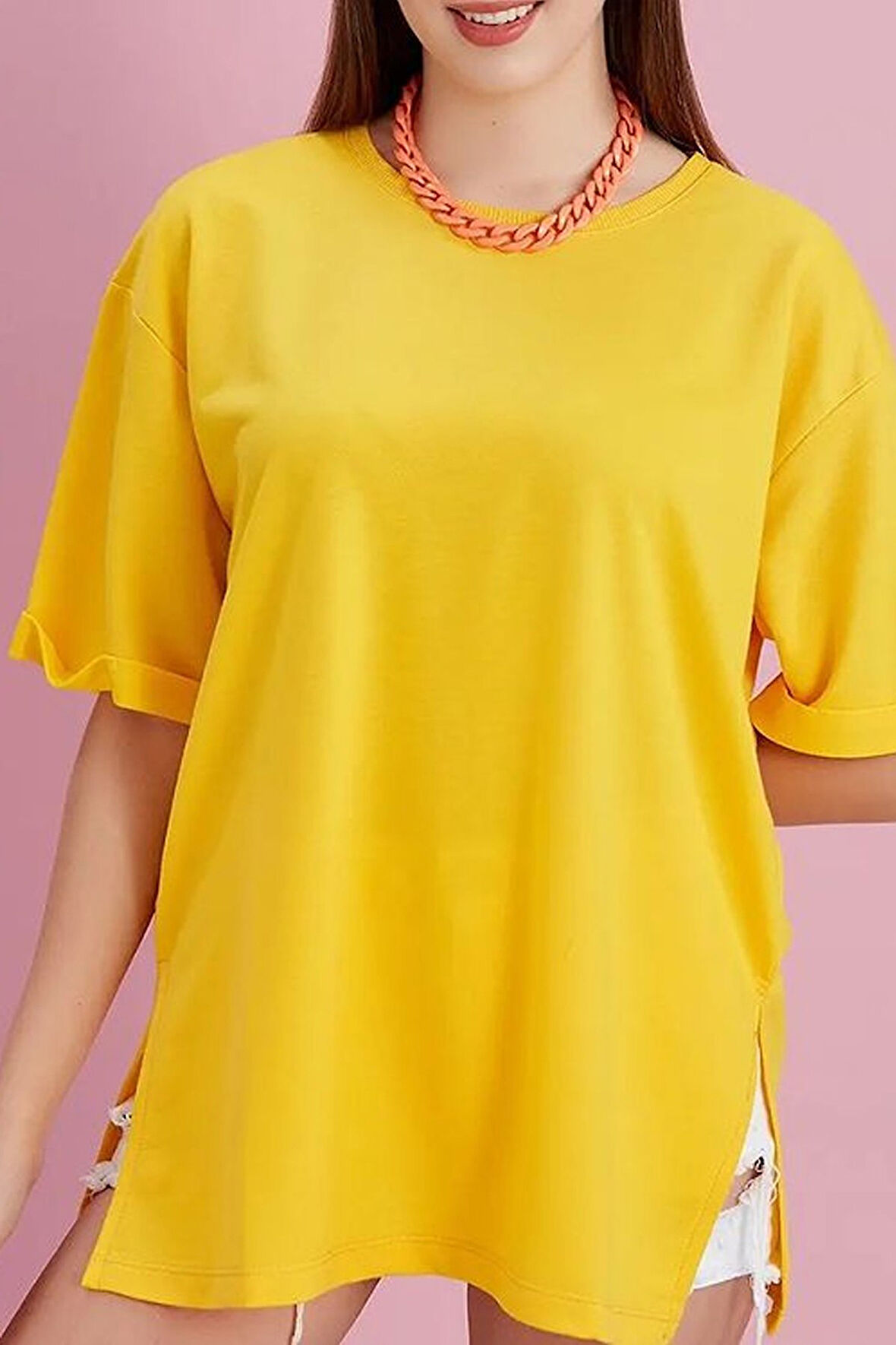 Yırtmaçlı Duble Kol Geniş Bisiklet Yaka Oversize Sweatshirt