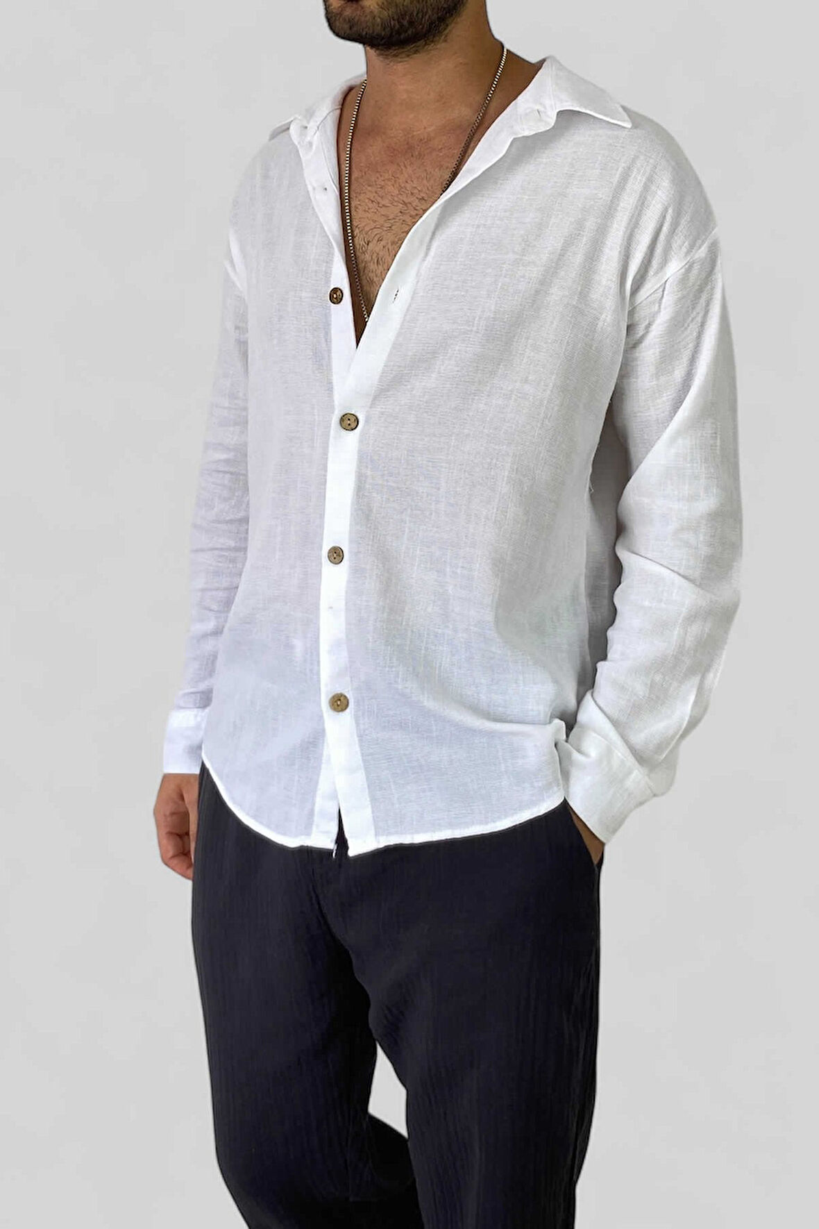 Uzunkol Beyaz Erkek Pamuk Gömlek