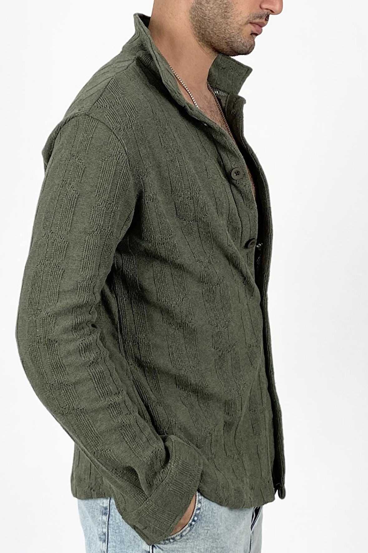 Jakarlı Oversize Triko Örgü Uzun Kol Vizon Gömlek