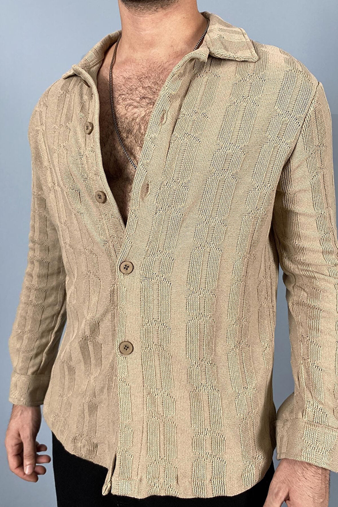 Jakarlı Oversize Triko Örgü Uzun Kol Vizon Gömlek