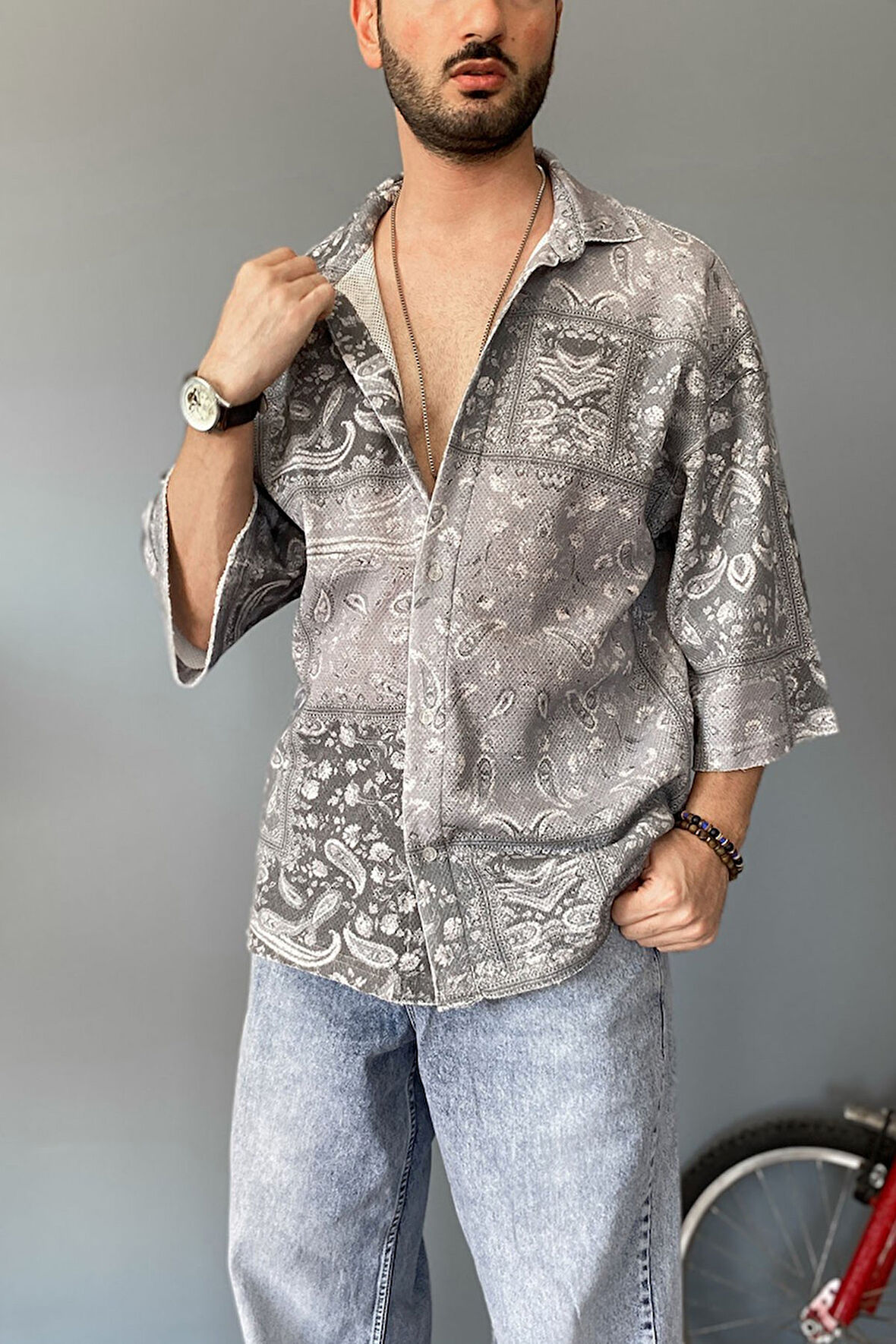 Oversize Fakir Kol Jakarlı Antrasit Gömlek