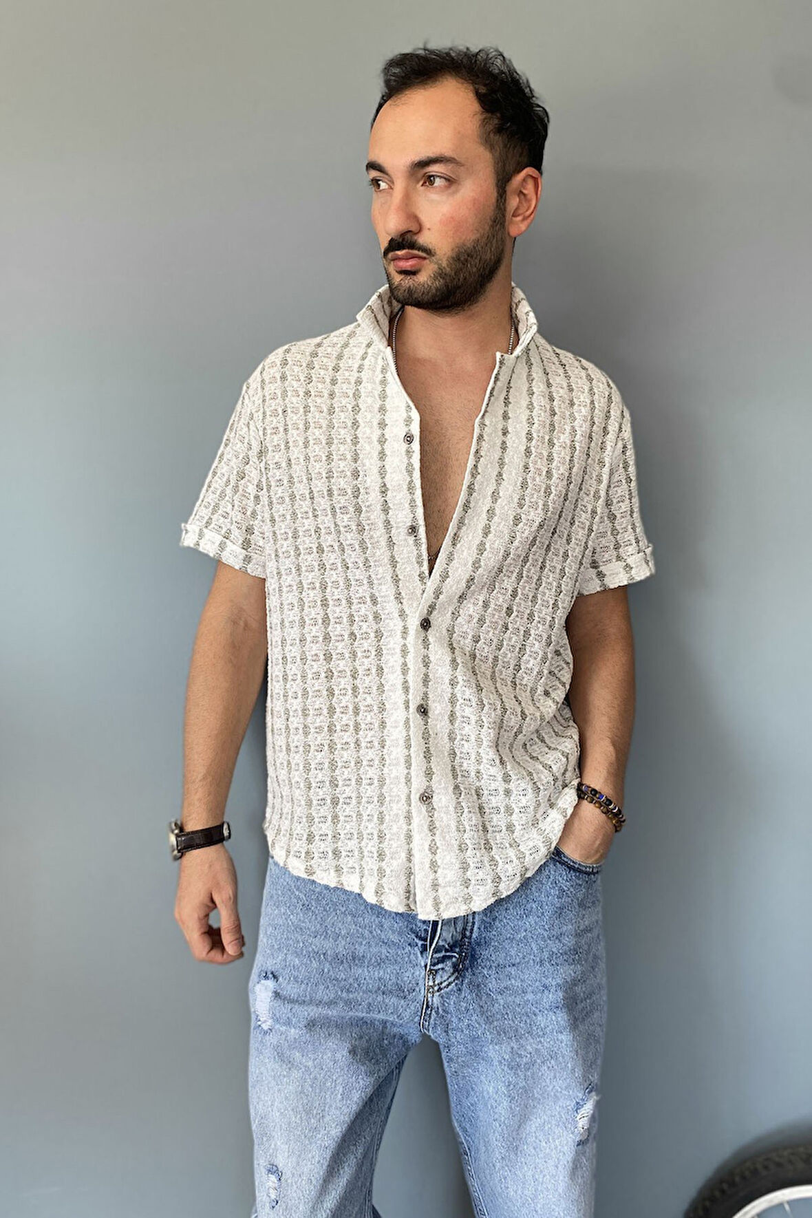 Örgü Çizgili Kısa Kollu Jakarlı Yeşil Krem Gömlek