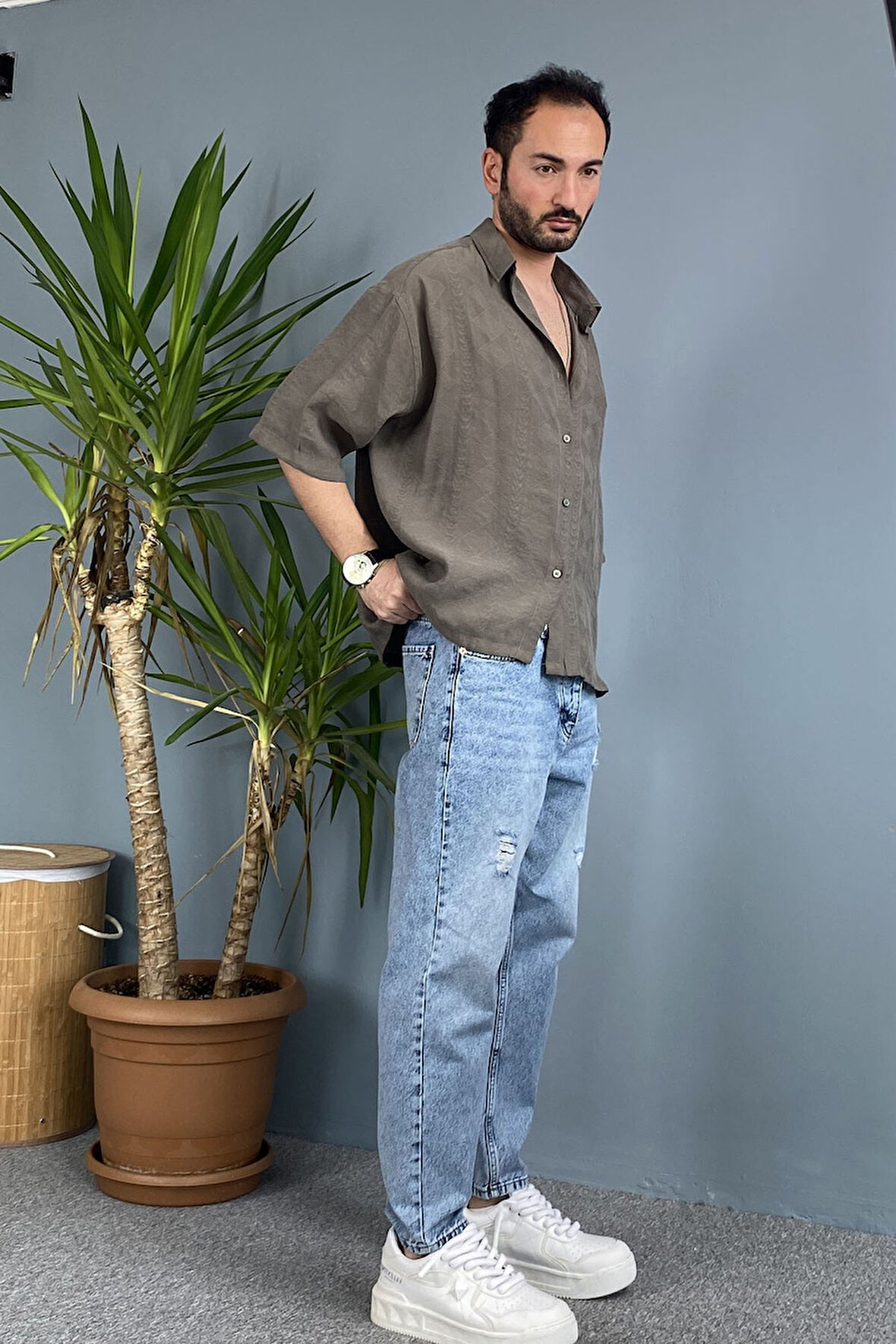 Nakışlı Oversize Asimetrik Kısa Kol Gömlek Haki