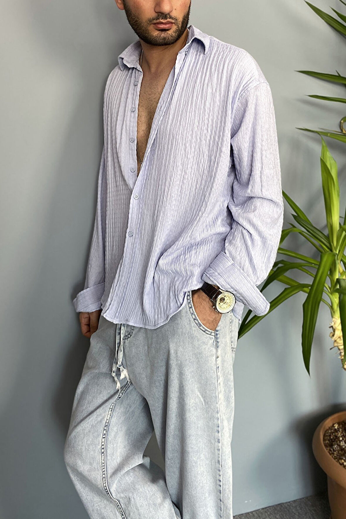 Kırinkıl Kumaş Oversize Yumuşak Dokulu Mavi Gömlek