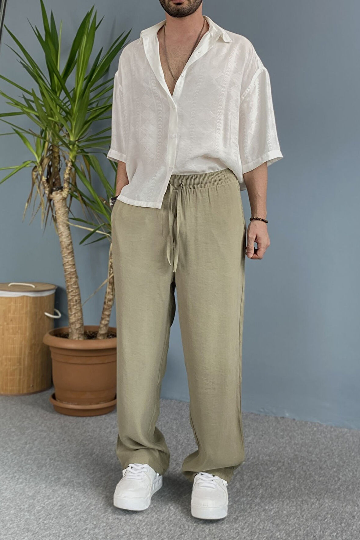 Modal Kumaş Bağcıklı Baggy Pantolon Haki