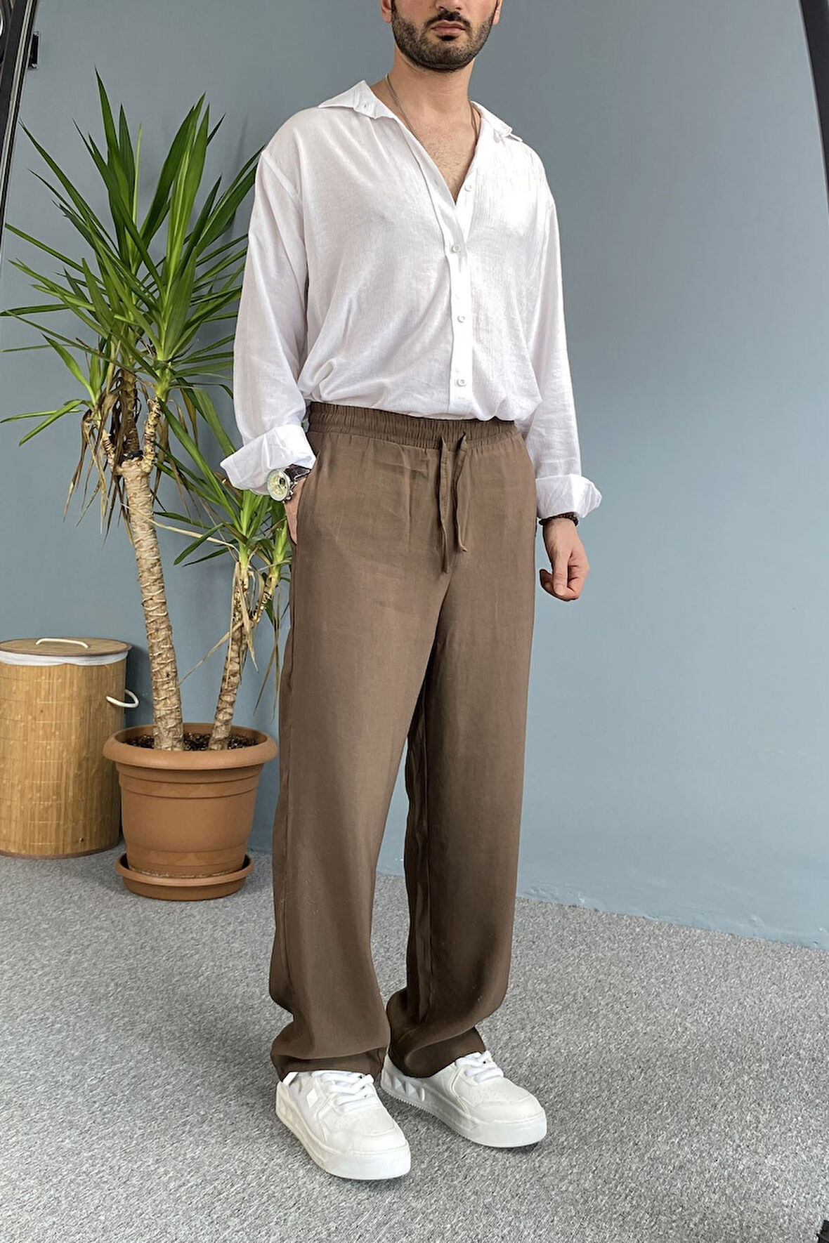 Modal Kumaş Bağcıklı Baggy Pantolon Haki