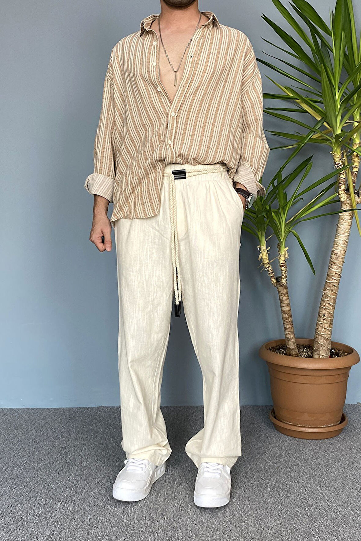 Rahat Kesim Keten Kumaş Bağcıklı Krem Renk Baggy Pantolon