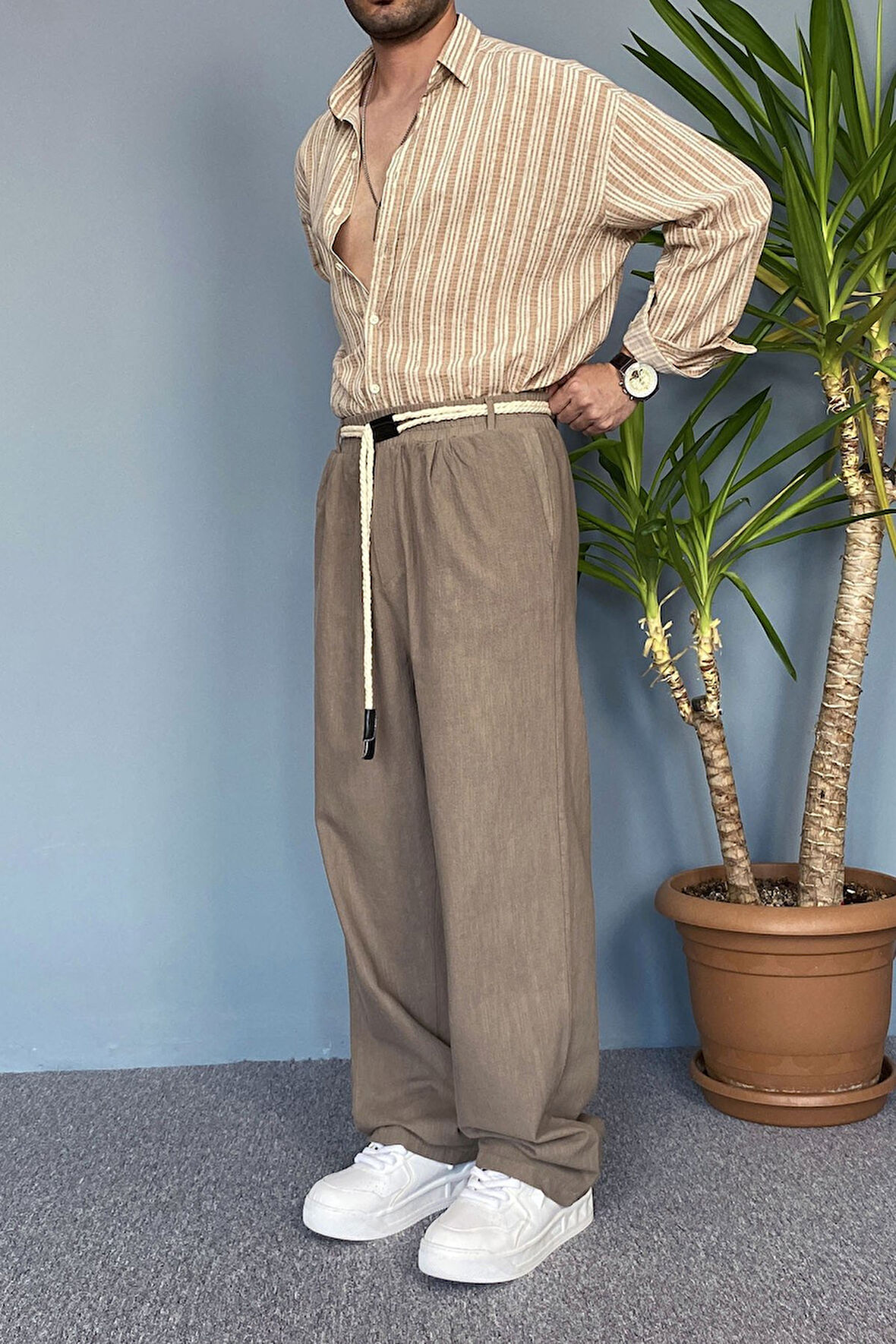 Rahat Kesim Keten Kumaş Bağcıklı Krem Renk Baggy Pantolon