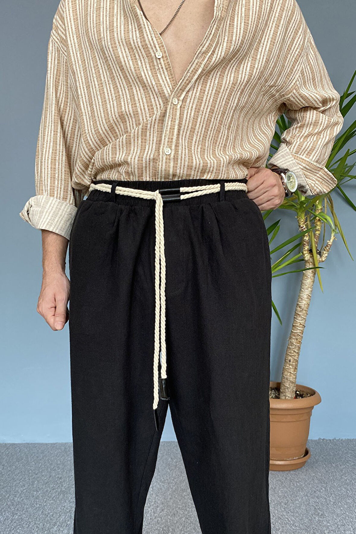 Rahat Kesim Keten Kumaş Bağcıklı Krem Renk Baggy Pantolon