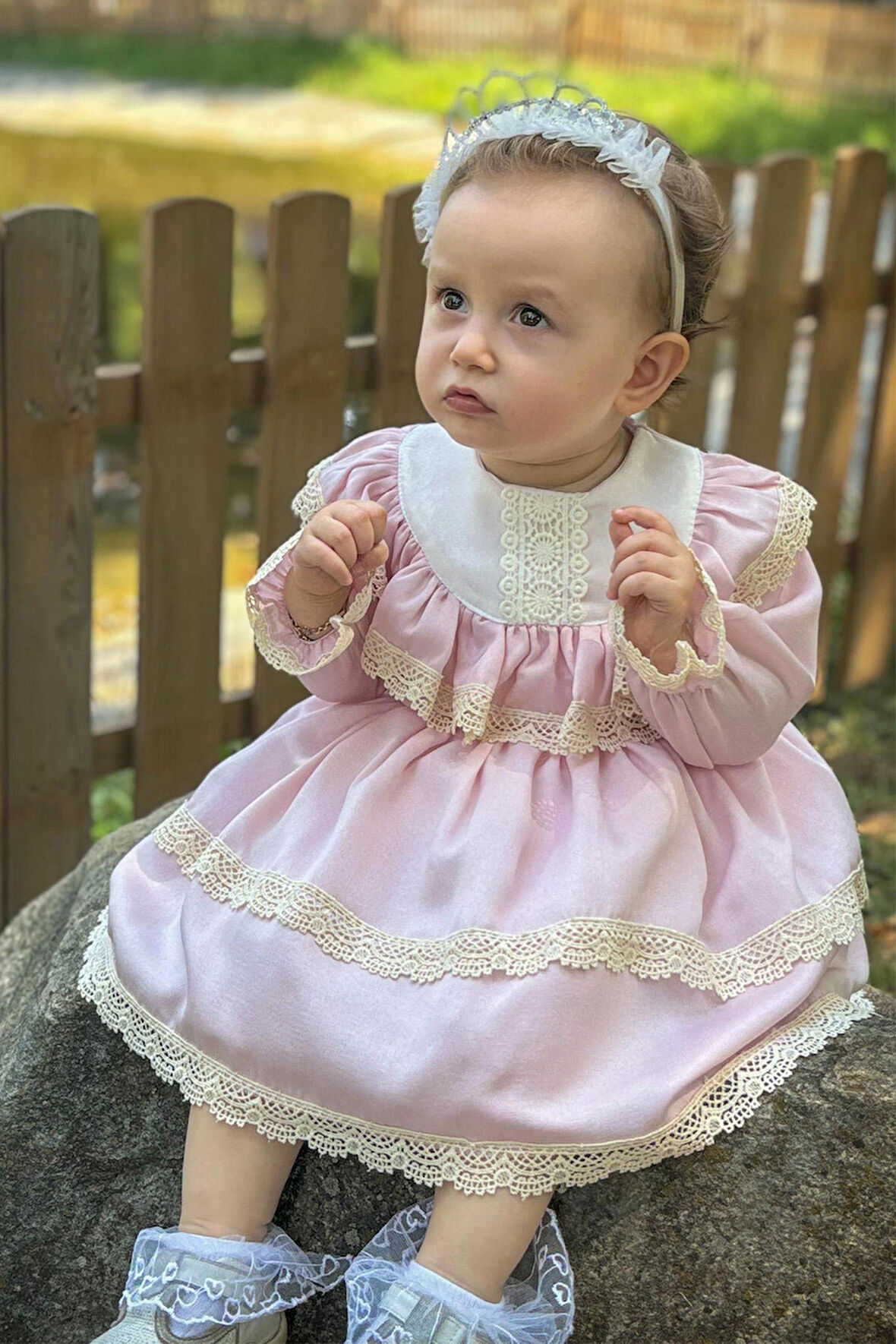 Kız Çocuk Bebek Elbise Dantelli Uzun Kol Astarlı Vintage Doğum Günü Parti Düğün Özel Gün Bayramlık Elbise