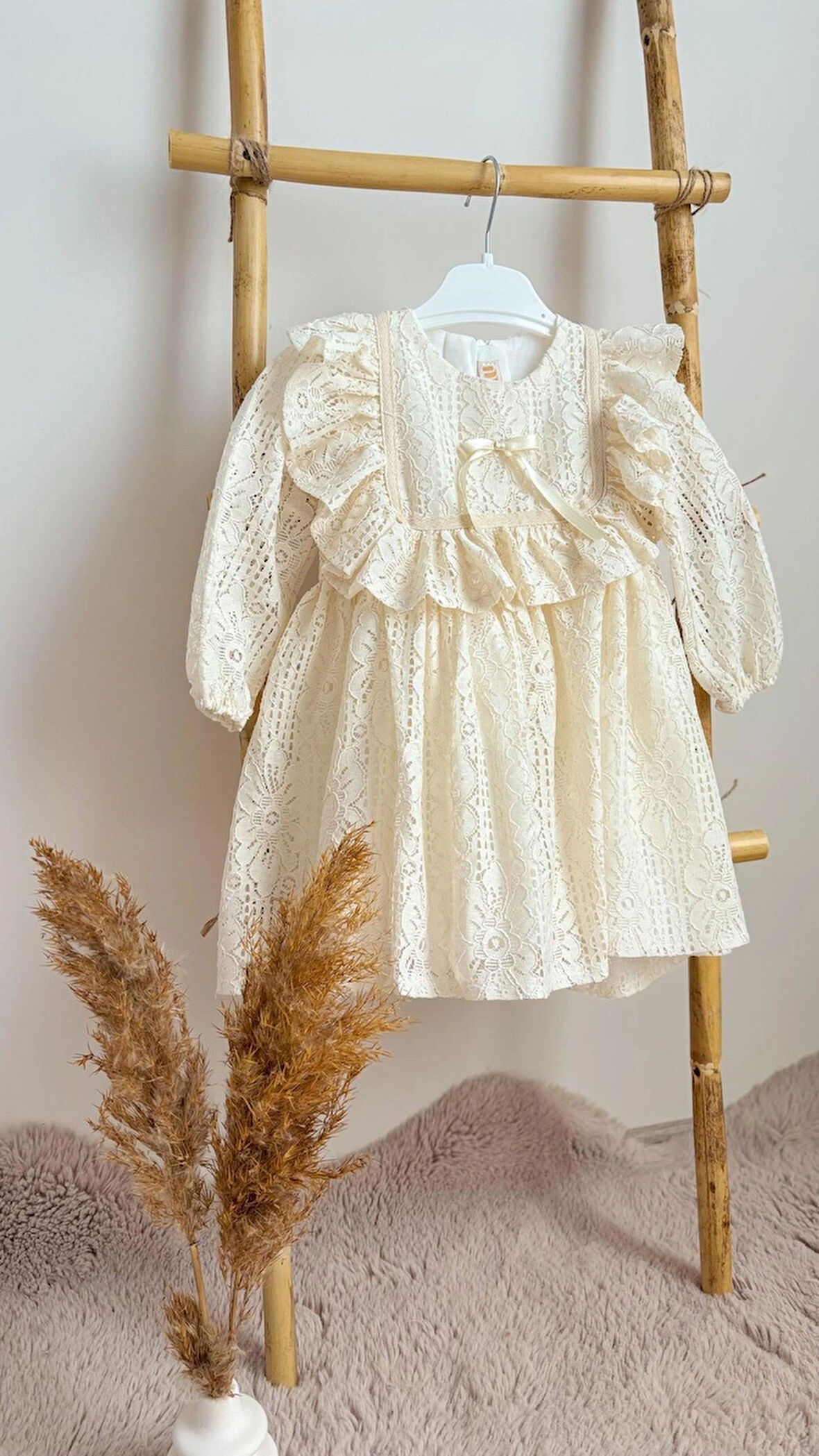 Kız Bebek Çocuk Elbise Vintage Uzun Kollu Dantelli Fiyonklu Fırfırlı Parti Düğün Doğum Günü Özel Gün Astarlı Elbise ALY0290